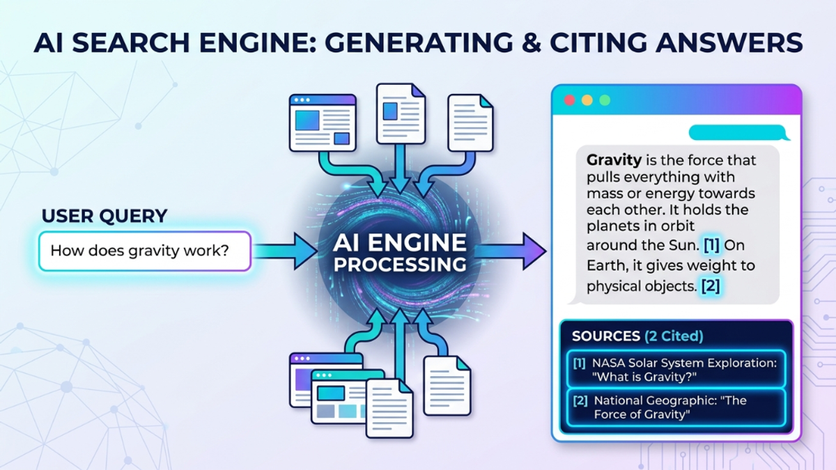 Diagram showing how AI search engines pull and cite website sources in generated answers