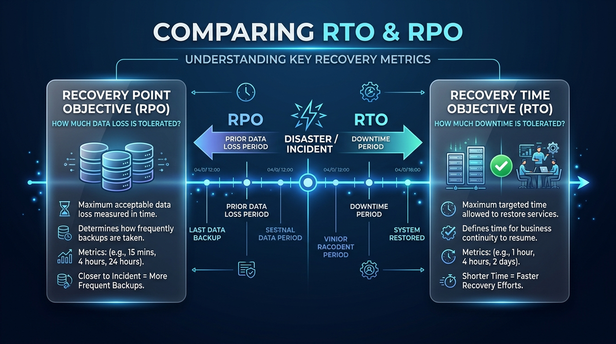 Infographic comparing RTO downtime and RPO data loss metrics.