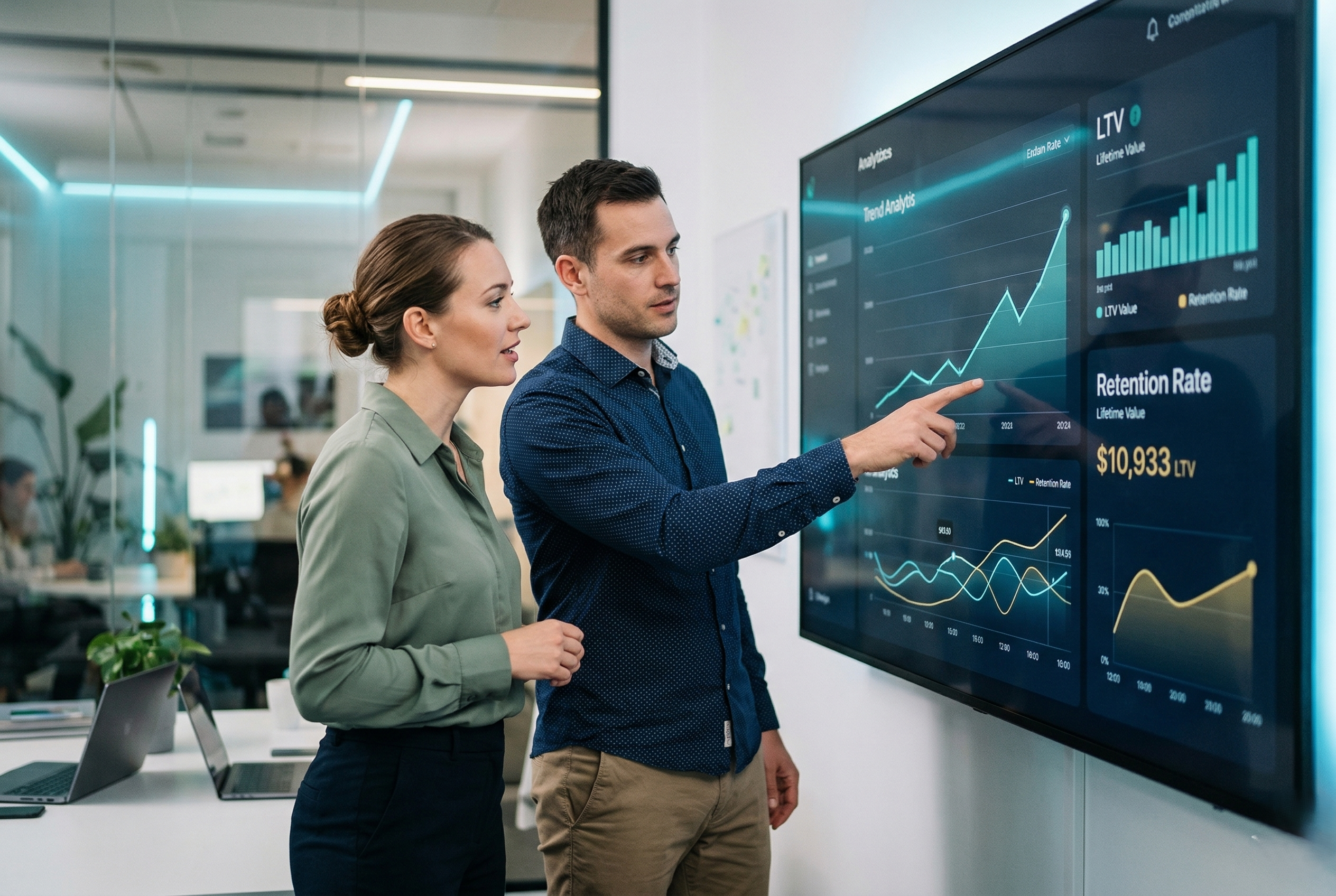 Two data analysts examining a digital display showing Lifetime Value (LTV) and user retention growth metrics.