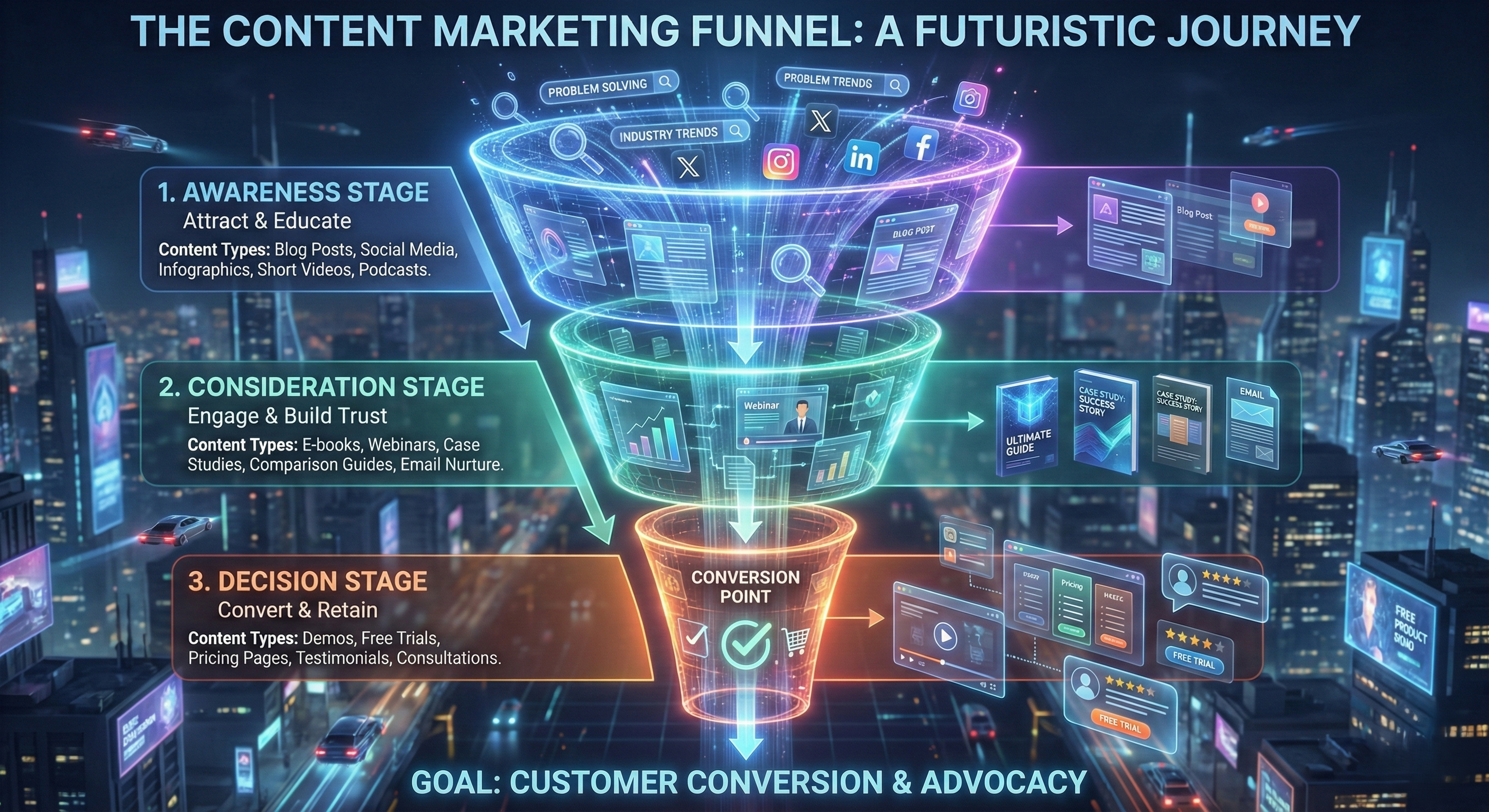 A futuristic infographic titled "THE CONTENT MARKETING FUNNEL: A FUTURISTIC JOURNEY" shows a glowing, three-stage funnel against a digital cityscape. The top section, "1. AWARENESS STAGE," lists content types like Blog Posts and Social Media. The middle, "2. CONSIDERATION STAGE," includes E-books and Webinars. The bottom, "3. DECISION STAGE," culminates in a "CONVERSION POINT" with content like Demos and Free Trials. The overall goal is "CUSTOMER CONVERSION & ADVOCACY."
