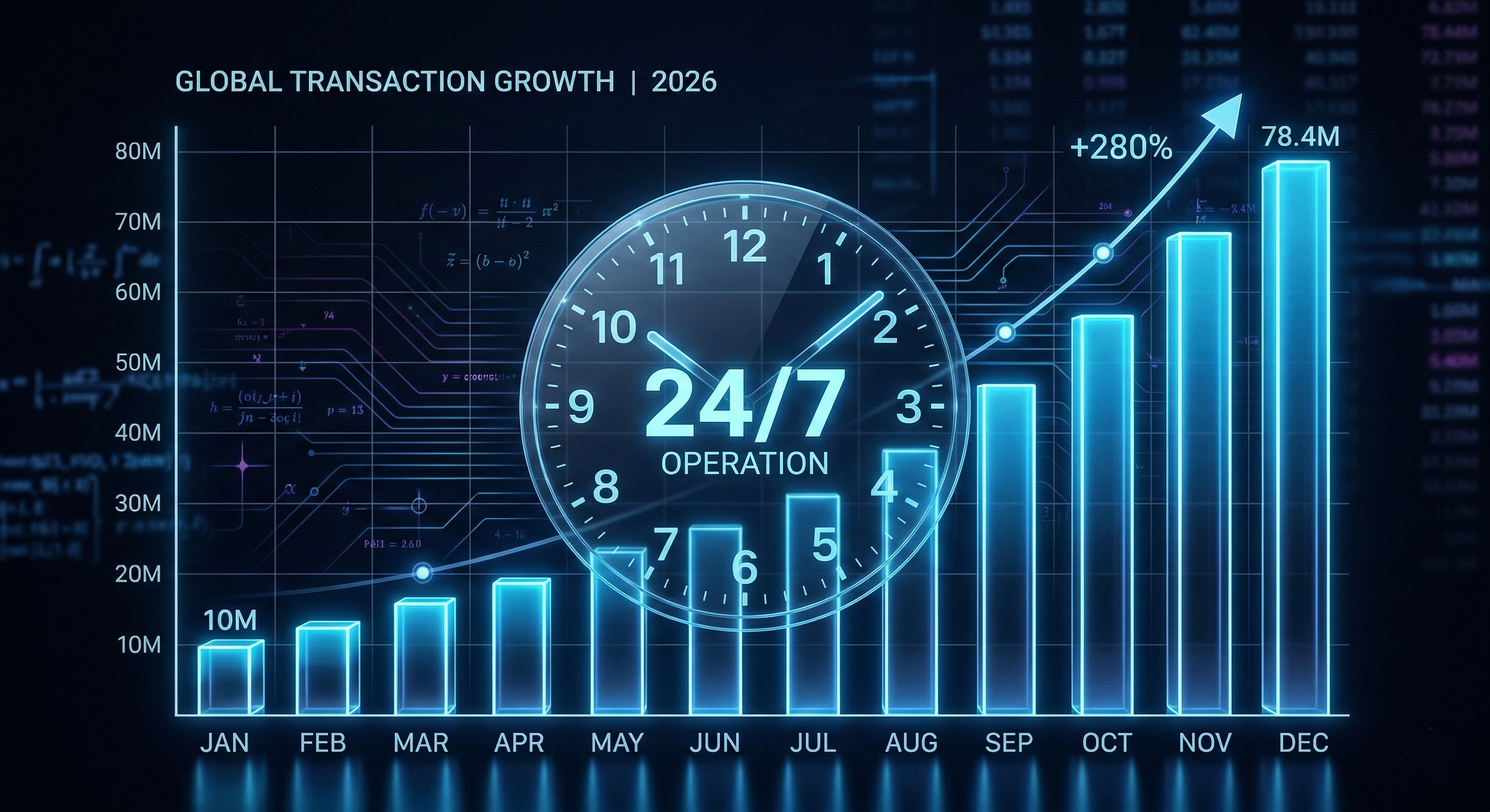 A futuristic digital infographic forecasting "Global Transaction Growth | 2026." The central visual is a glowing neon-blue bar chart with twelve vertical bars, labeled month-by-month from January (JAN) through December (DEC) on the x-axis. The y-axis shows a value range labeled from "10M" to "80M." The bars visually grow throughout the year, with key labels for "10M" in January and "78.4M" in December. An upward-pointing arrow with the text "+280%" indicates a high growth projection between the two points. Overlaid prominently across the chart is a large, circular analog clock with a glowing blue rim and hour numbers, but its face is replaced with the text "24/7 OPERATION," emphasizing non-stop global commerce. The entire scene is set against a dark, circuit-patterned background, projecting continuous, high-volume growth in the digital economy.