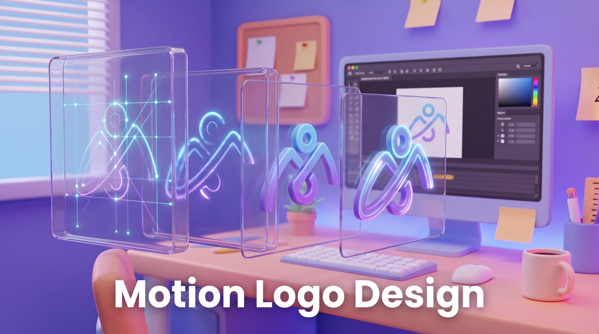 Animated logo frames showing a symbol drawing itself and forming a wordmark