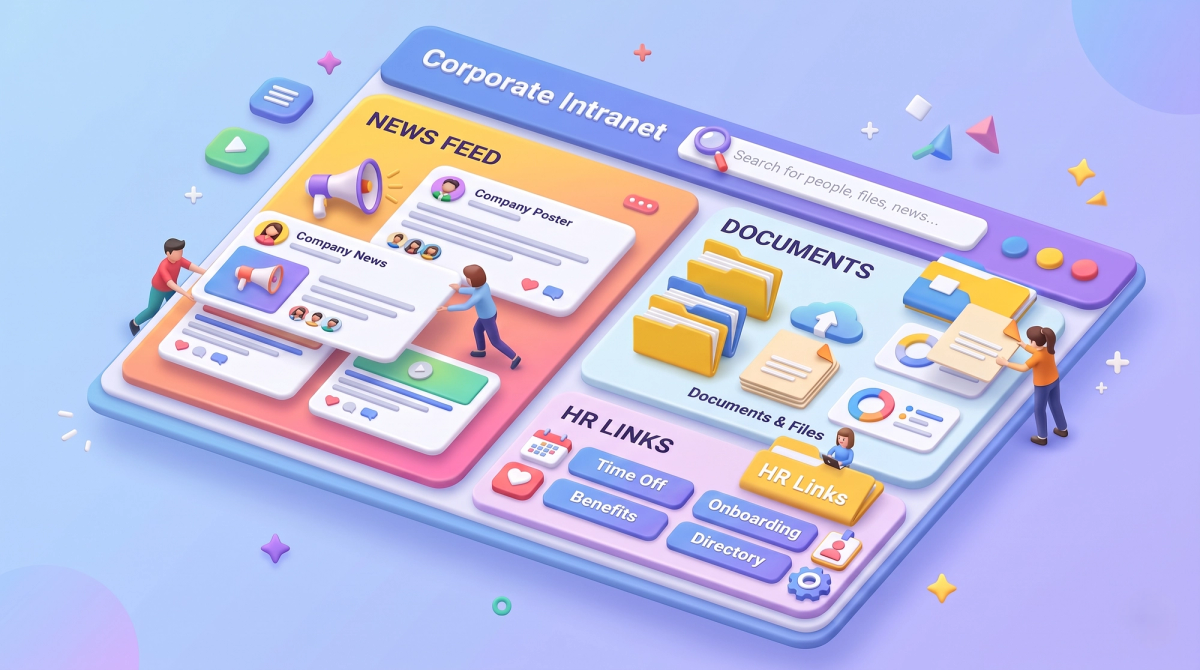 Intranet dashboard showing news feed, search bar, documents and HR links