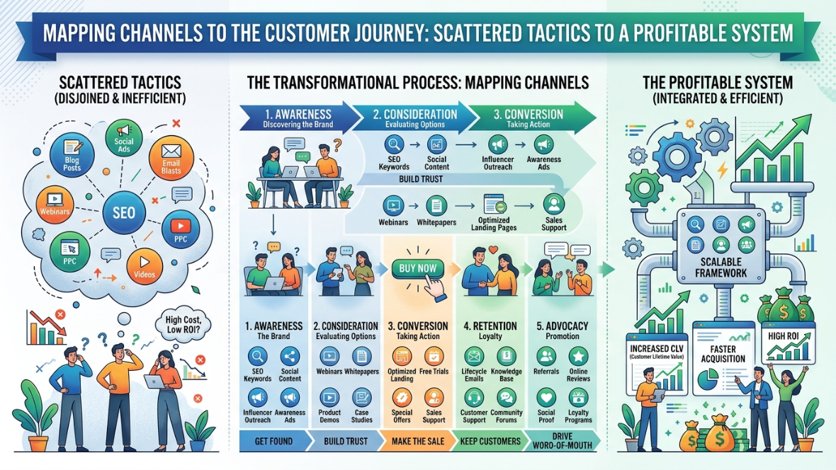 An infographic titled "Mapping Channels to the Customer Journey: Scattered Tactics to a Profitable System" divided into three vertical sections.