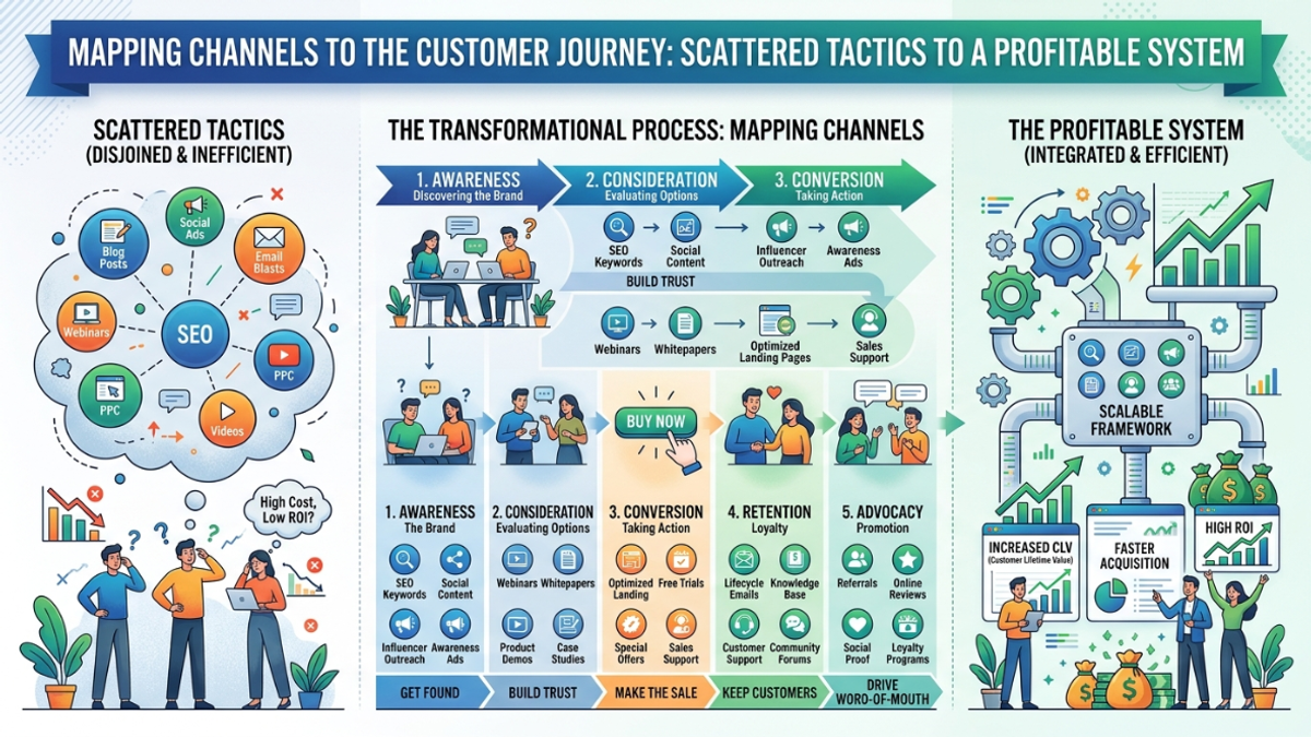 An infographic titled "Mapping Channels to the Customer Journey: Scattered Tactics to a Profitable System" divided into three vertical sections.