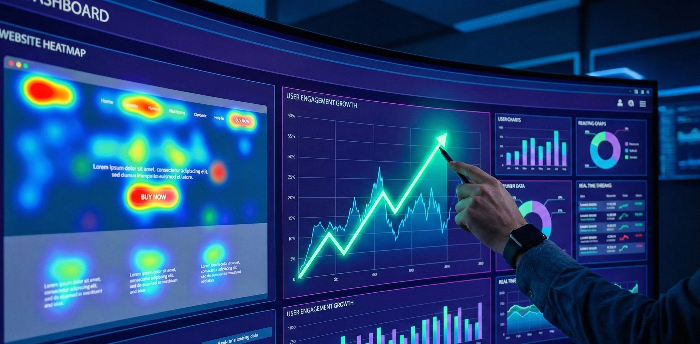 A futuristic, large curved screen in a dark control room displays a complex data dashboard. On the left, a website heatmap shows a webpage with intense red and yellow 'hot zones' on a "BUY NOW" button and navigation links. In the center, a line graph titled "USER ENGAGEMENT GROWTH" shows a sharp upward trend, with a person's hand holding a stylus pointing directly at the peak. Other panels show bar charts, pie graphs, and real-time data streams. The person wears a smartwatch. The overall color scheme is dominated by blues, purples, and neon greens.