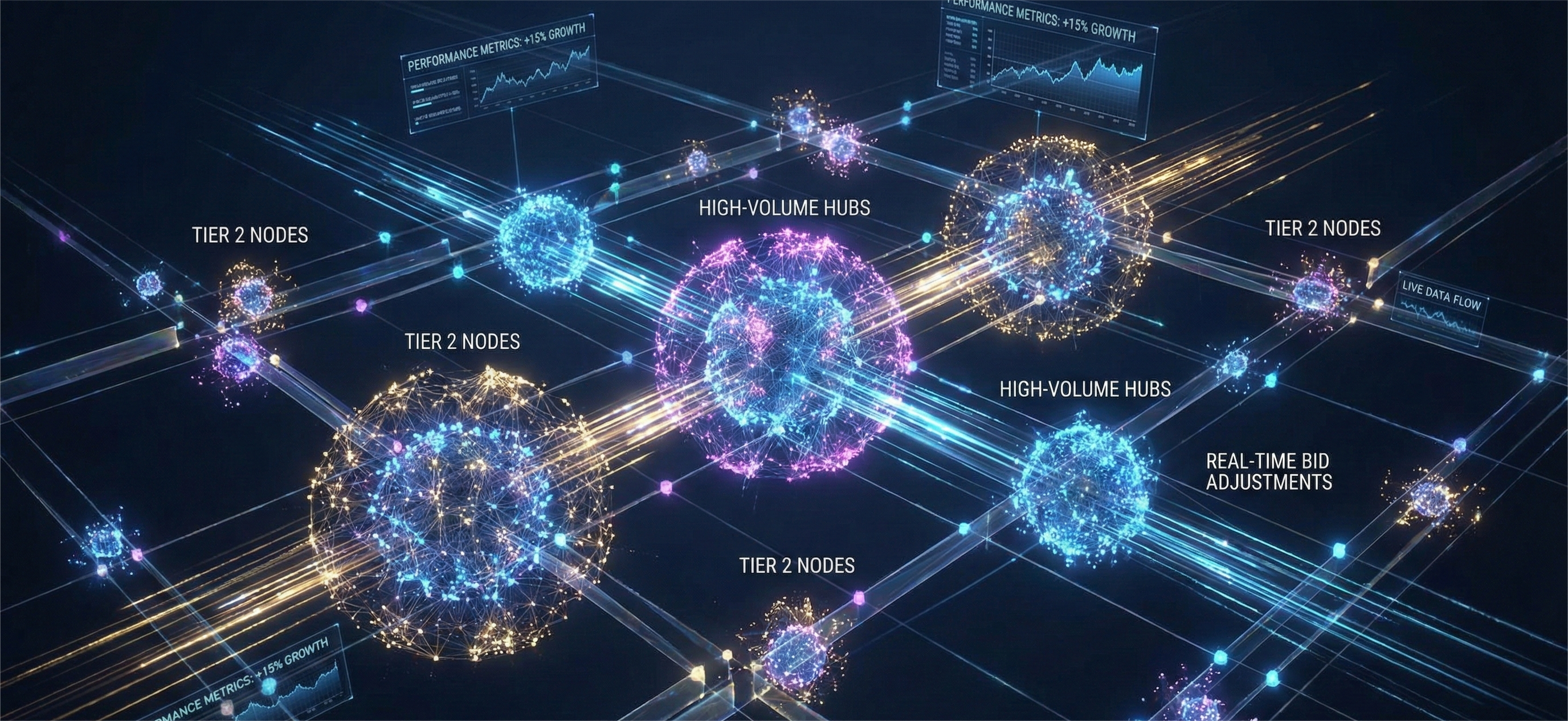A futuristic server room with glowing fiber optic cables streaming data into glowing 3D brain icons. The headline "Python for Data Science & AI: Your 2026 Career Launchpad" is displayed in vibrant neon typography. Translucent digital screens show snippets of code and data visualizations.