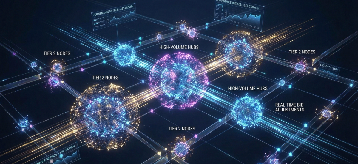 A futuristic server room with glowing fiber optic cables streaming data into glowing 3D brain icons. The headline "Python for Data Science & AI: Your 2026 Career Launchpad" is displayed in vibrant neon typography. Translucent digital screens show snippets of code and data visualizations.