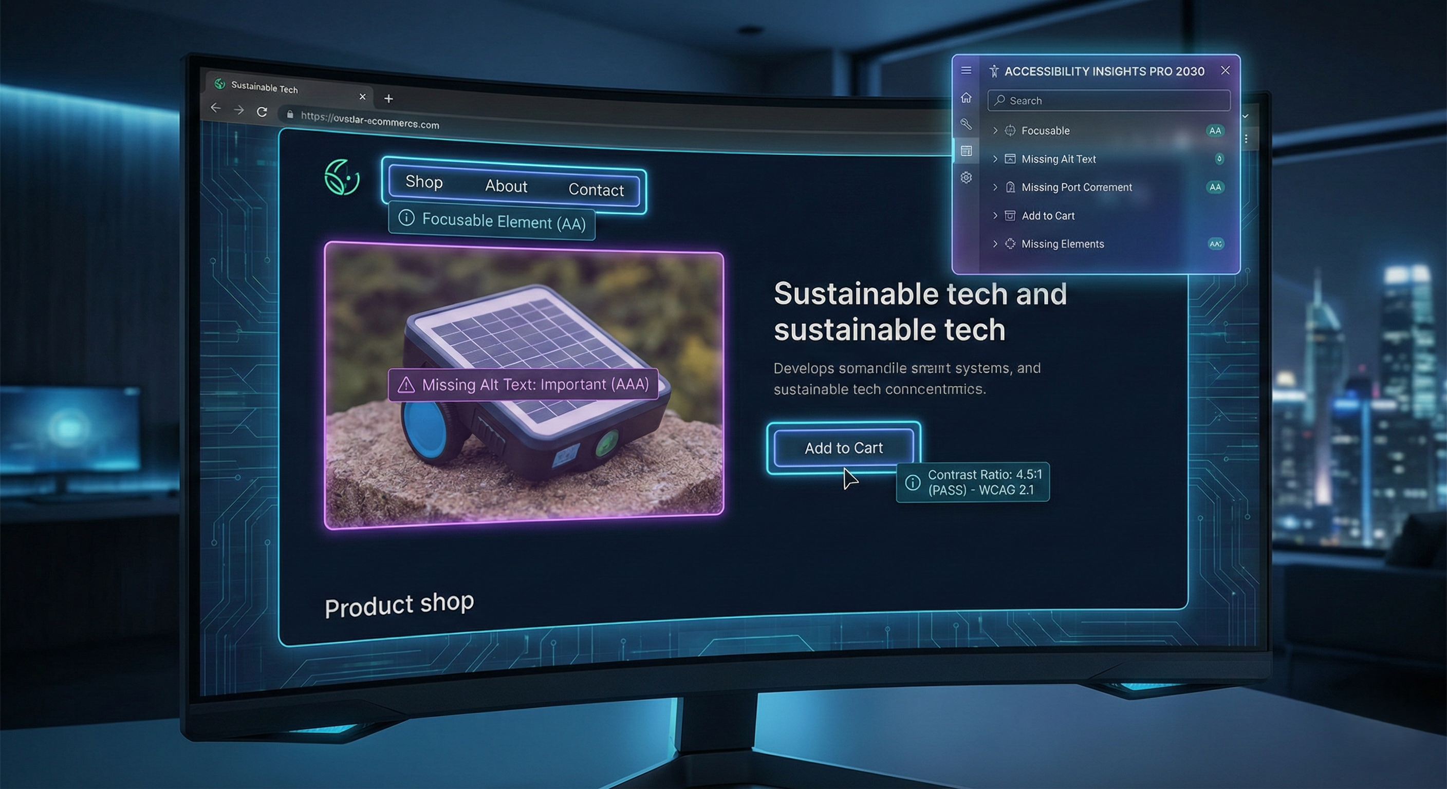 A screenshot on a curved, futuristic monitor shows a website for "Sustainable tech" with an active accessibility testing tool called "ACCESSIBILITY INSIGHTS PRO 2030". The tool has highlighted several elements on the page with glowing overlays. The navigation bar is marked as "Focusable Element (AA)". A product image of a solar device is flagged with "Missing Alt Text: Important (AAA)". The "Add to Cart" button is highlighted with a pass result for "Contrast Ratio: 4.5:1 (PASS) - WCAG 2.1". A side panel on the right lists these and other accessibility issues like "Missing Port Component" and "Missing Elements". The entire interface has a glowing, blue and purple digital aesthetic.