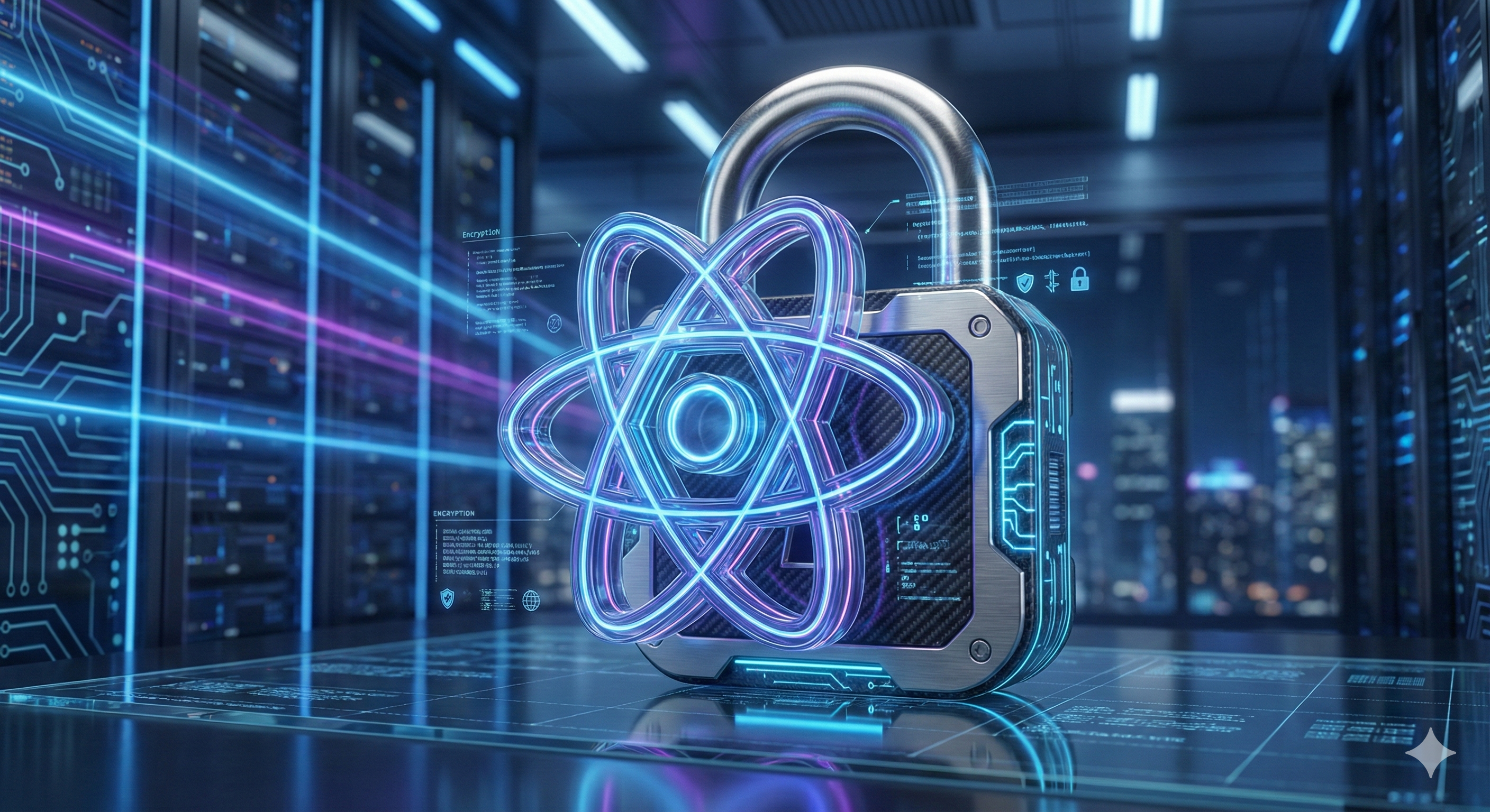A futuristic, glowing padlock integrated with the React logo, symbolizing security in a high-tech data center.