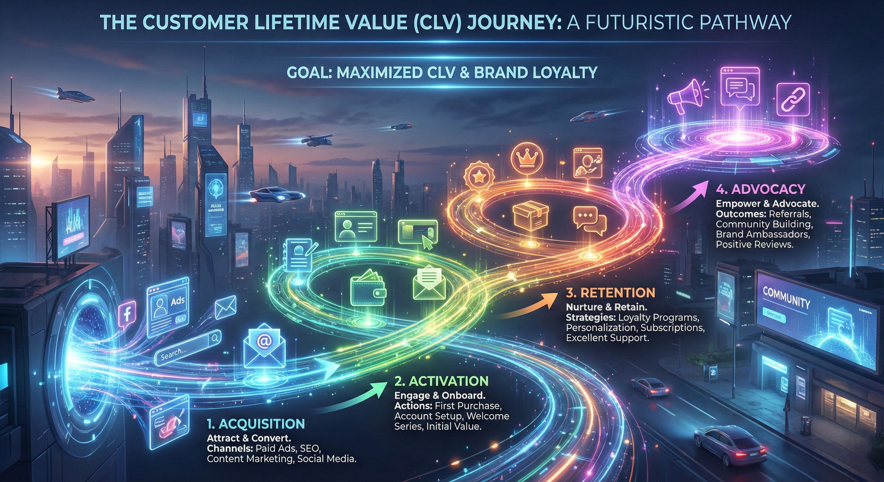 A futuristic infographic titled "THE CUSTOMER LIFETIME VALUE (CLV) JOURNEY: A FUTURISTIC PATHWAY" is set against a sci-fi cityscape. A glowing, winding path visualizes the journey in four stages. Stage 1, "ACQUISITION" (blue), focuses on attracting and converting through channels like paid ads and social media. Stage 2, "ACTIVATION" (green), is about engaging and onboarding with actions like first purchase. Stage 3, "RETENTION" (orange), emphasizes nurturing and retaining via loyalty programs and support. Stage 4, "ADVOCACY" (purple), leads to empowering and advocating with outcomes like referrals and positive reviews. The central goal, stated at the top, is "MAXIMIZED CLV & BRAND LOYALTY."