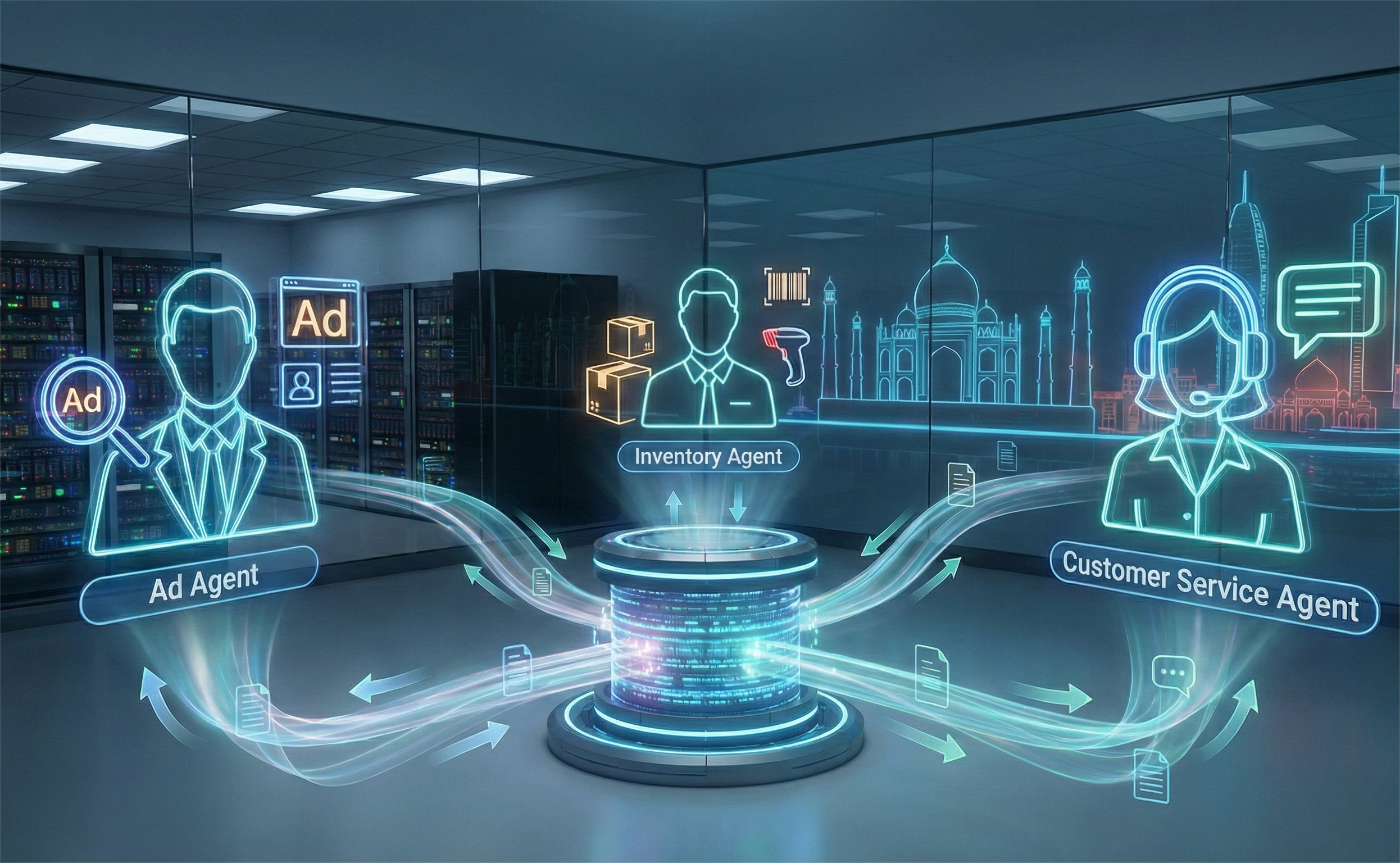 A realistic 3D digital illustration of three glowing holographic AI avatars—an Ad Agent, an Inventory Agent, and a Customer Service Agent—positioned around a central, cylindrical data core. Luminous data streams with document icons flow between the agents and the core. The background features a high-tech server room transitioning into a panoramic view of a stylized Indian city skyline, including the Taj Mahal and modern skyscrapers, all rendered in professional neon teal and blue tones.