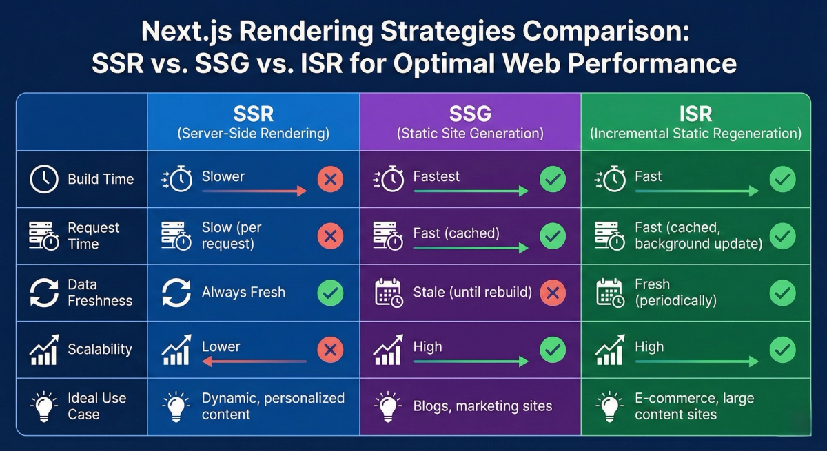 Chart comparing Next.js SSR, SSG, and ISR for optimal web performance