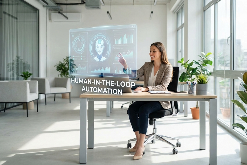 A professional woman in a modern office interacting with a glowing holographic digital interface labeled "Human-in-the-loop Automation."