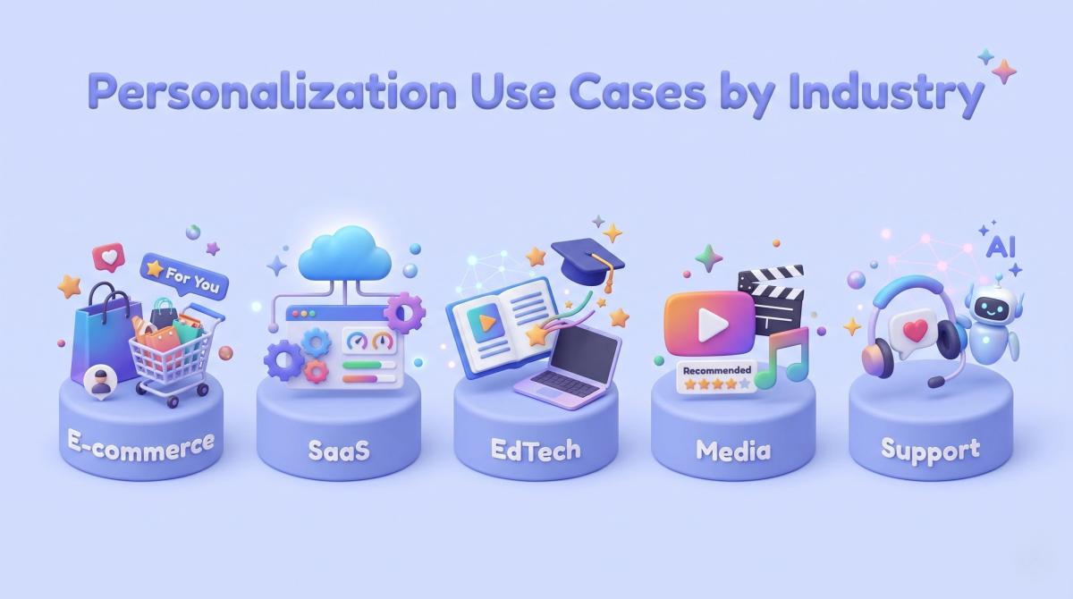 Icons showing AI personalization use cases in e-commerce, SaaS, EdTech, media and support