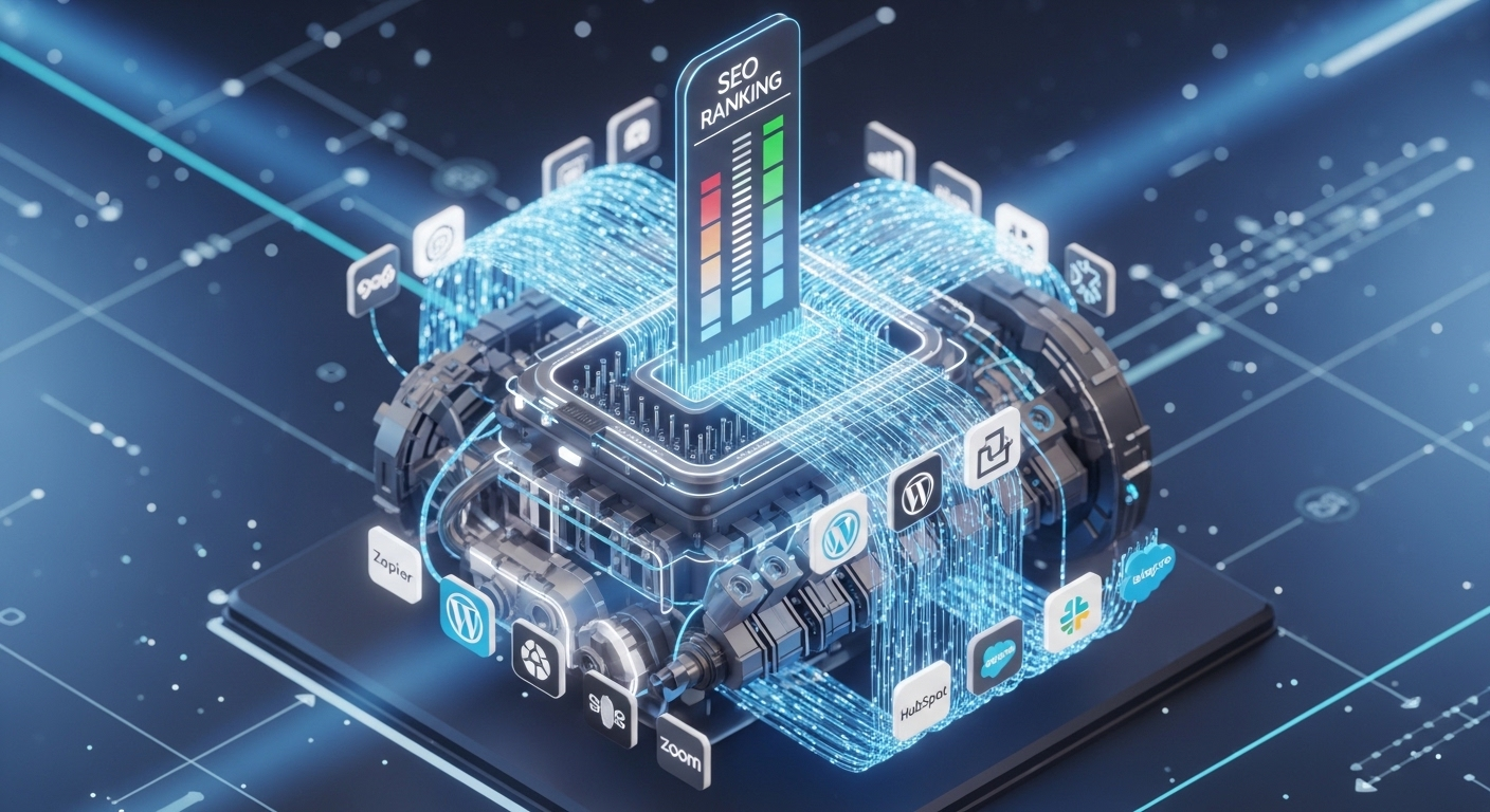Futuristic 3D engine representing workflow automation and its impact on SEO rankings.