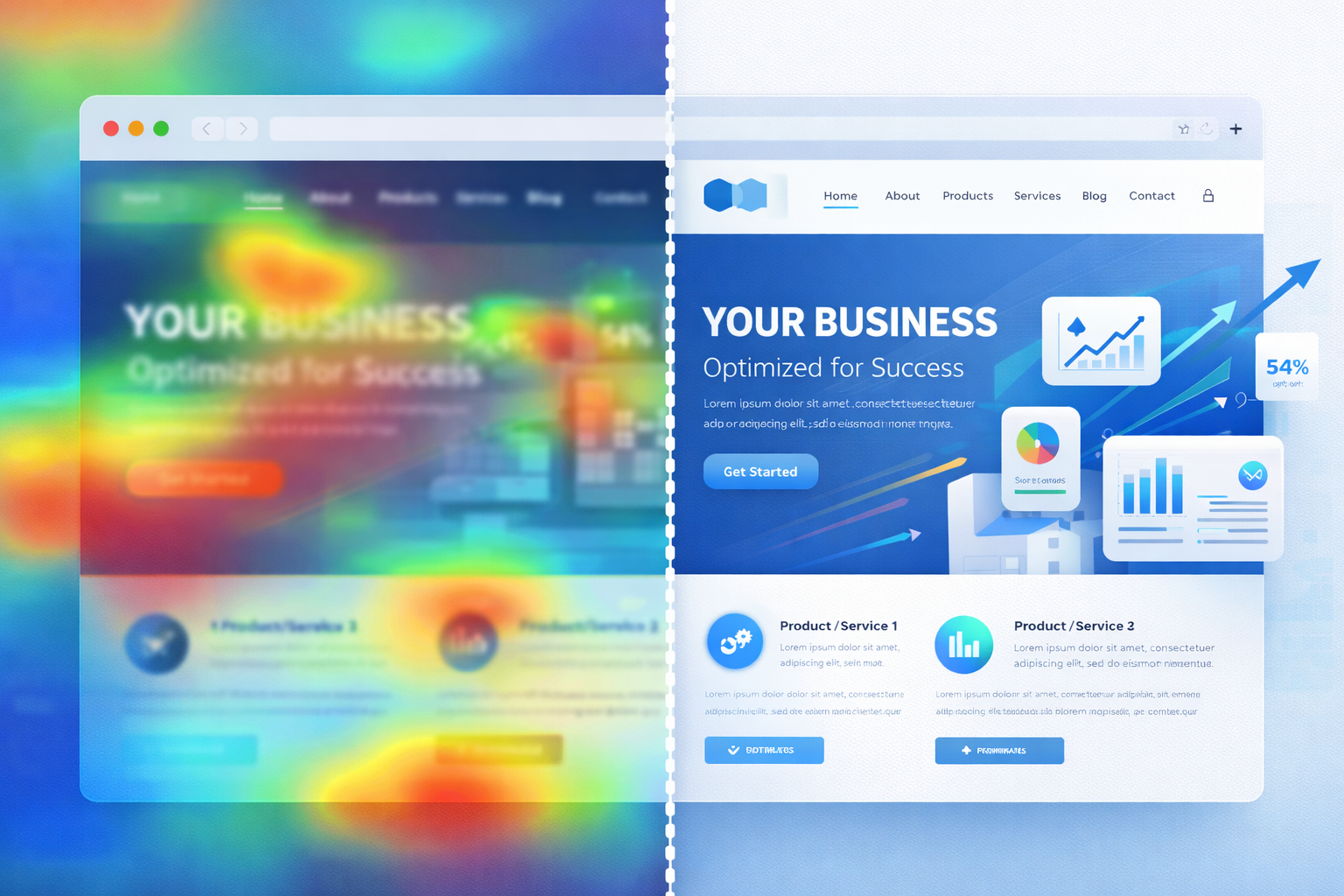 Split-screen website comparison showing a colorful user interaction heatmap on the left and an optimized, clean website design on the right with floating analytics icons and upward growth arrows, representing data-driven improvement and enhanced user experience.