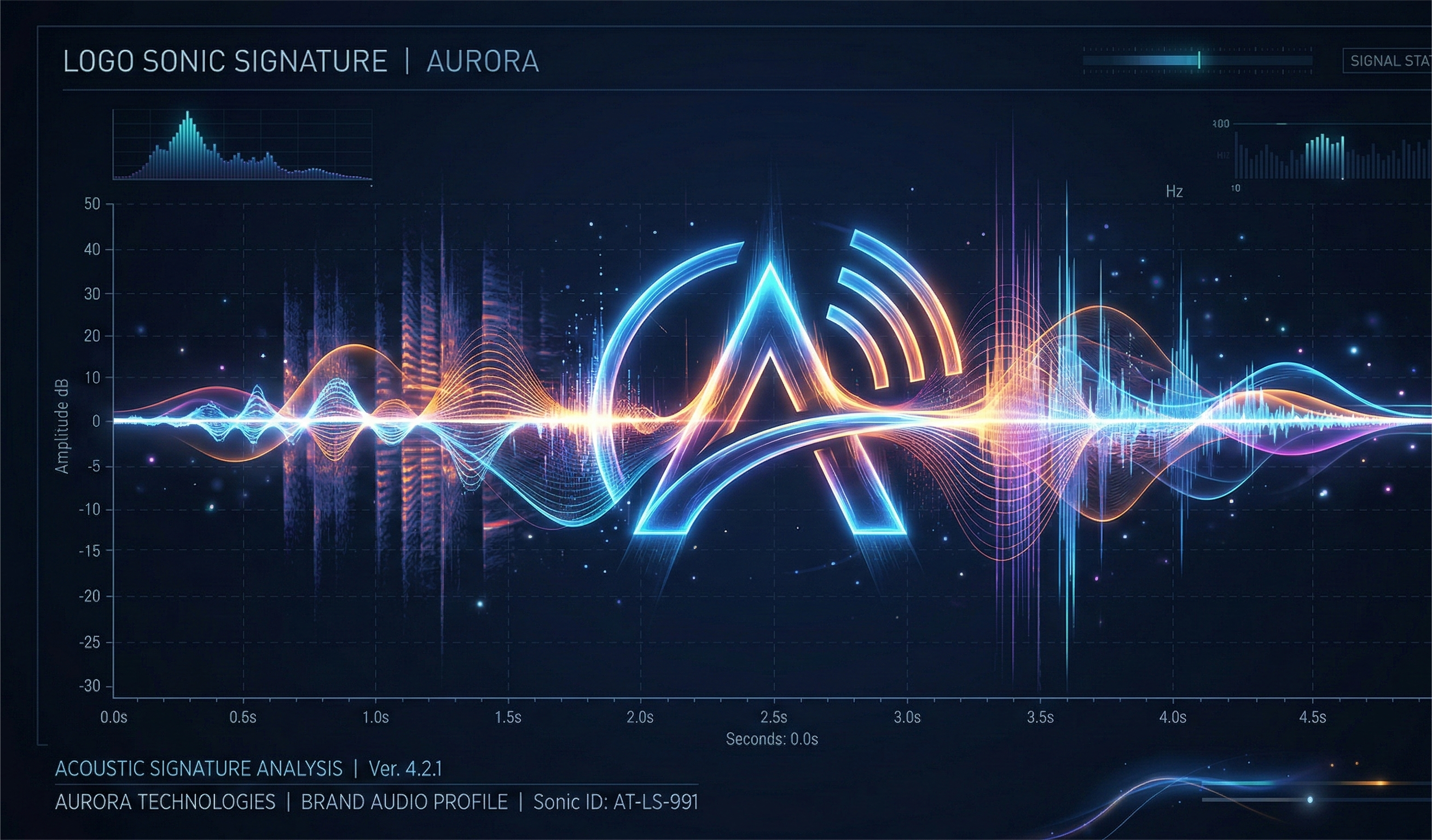 A high-tech digital dashboard titled "LOGO SONIC SIGNATURE | AURORA." At the center, a stylized "A" logo glows in vibrant neon blue. Passing through the logo is a complex, multi-colored sound wave visualization in shades of orange, blue, and purple. The background is a dark grid featuring various data points, including an amplitude decibel (dB) scale, frequency hertz (Hz) charts, and a timeline in seconds. The footer contains technical text such as "ACOUSTIC SIGNATURE ANALYSIS" and "BRAND AUDIO PROFILE."