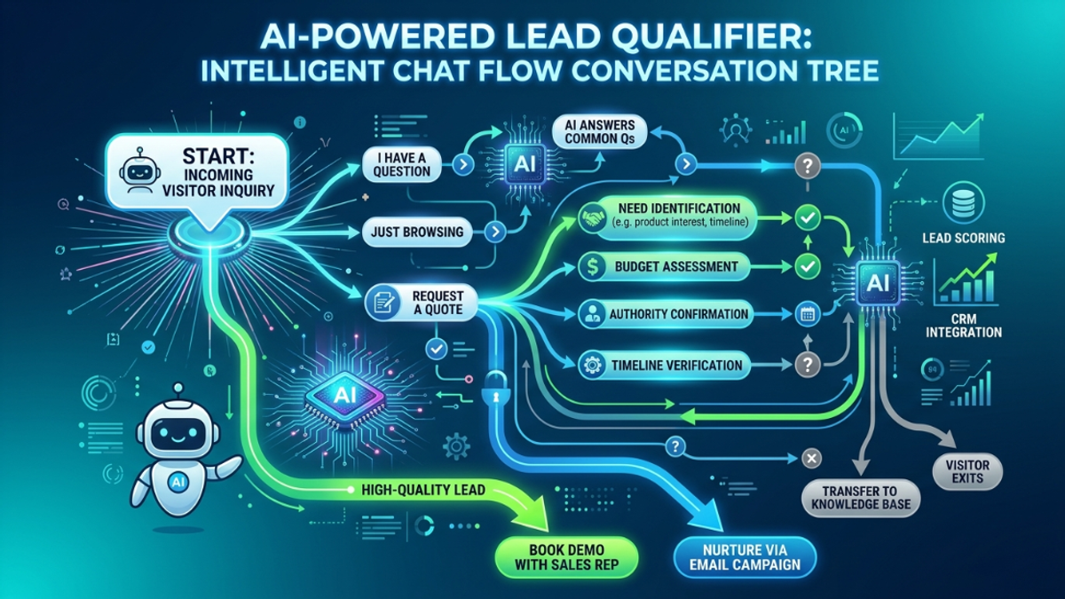 AI lead qualifier flowchart from incoming inquiry to conversion. Visualizes qualification paths (BANT steps), lead scoring, CRM integration, and final actions like booking demos or nurturing.