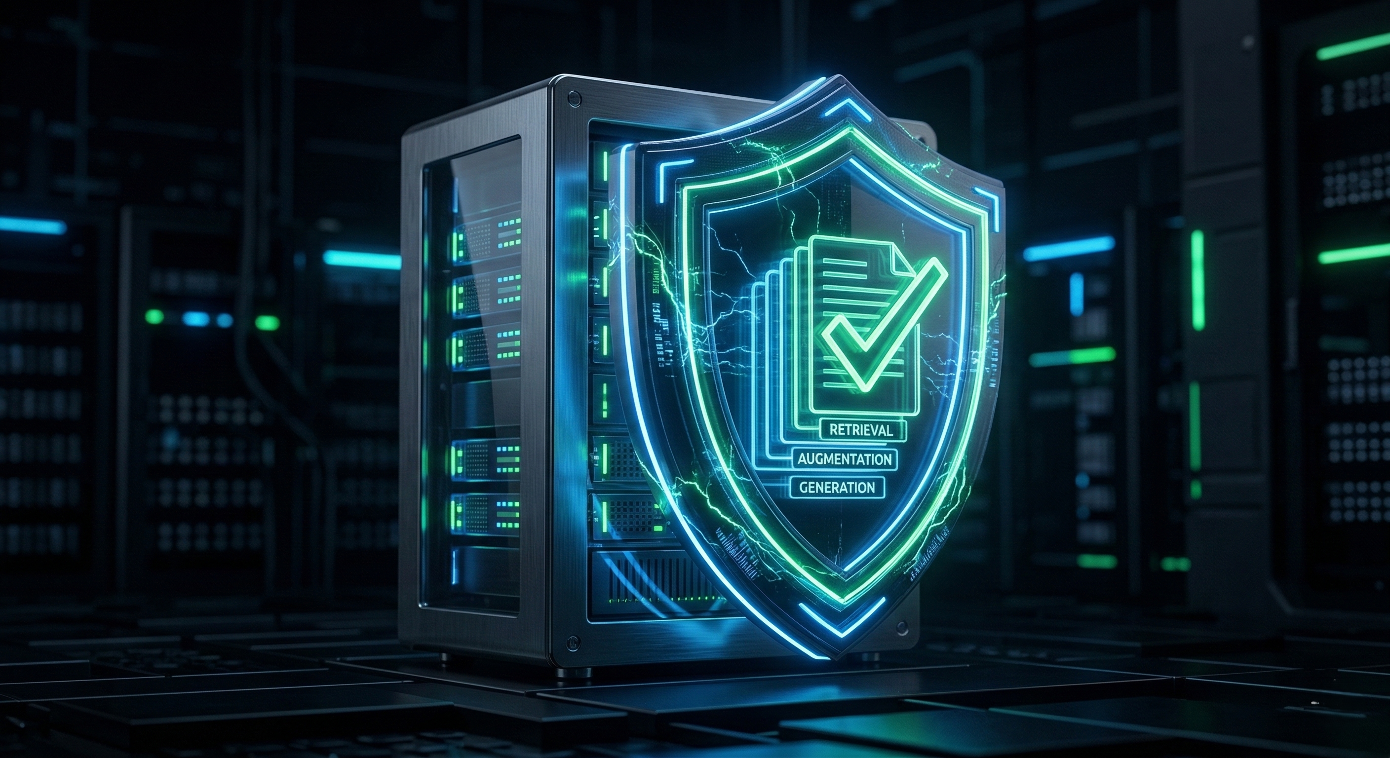 A cinematic, high-security image of a metallic server rack protected by a glowing neon-green and blue digital shield. Inside the shield, a holographic stack of documents features a large green "verified" checkmark and is labeled with the words "RETRIEVAL," "AUGMENTATION," and "GENERATION." The setting is a dark, futuristic data center with rows of blurred server stacks and blue indicator lights.