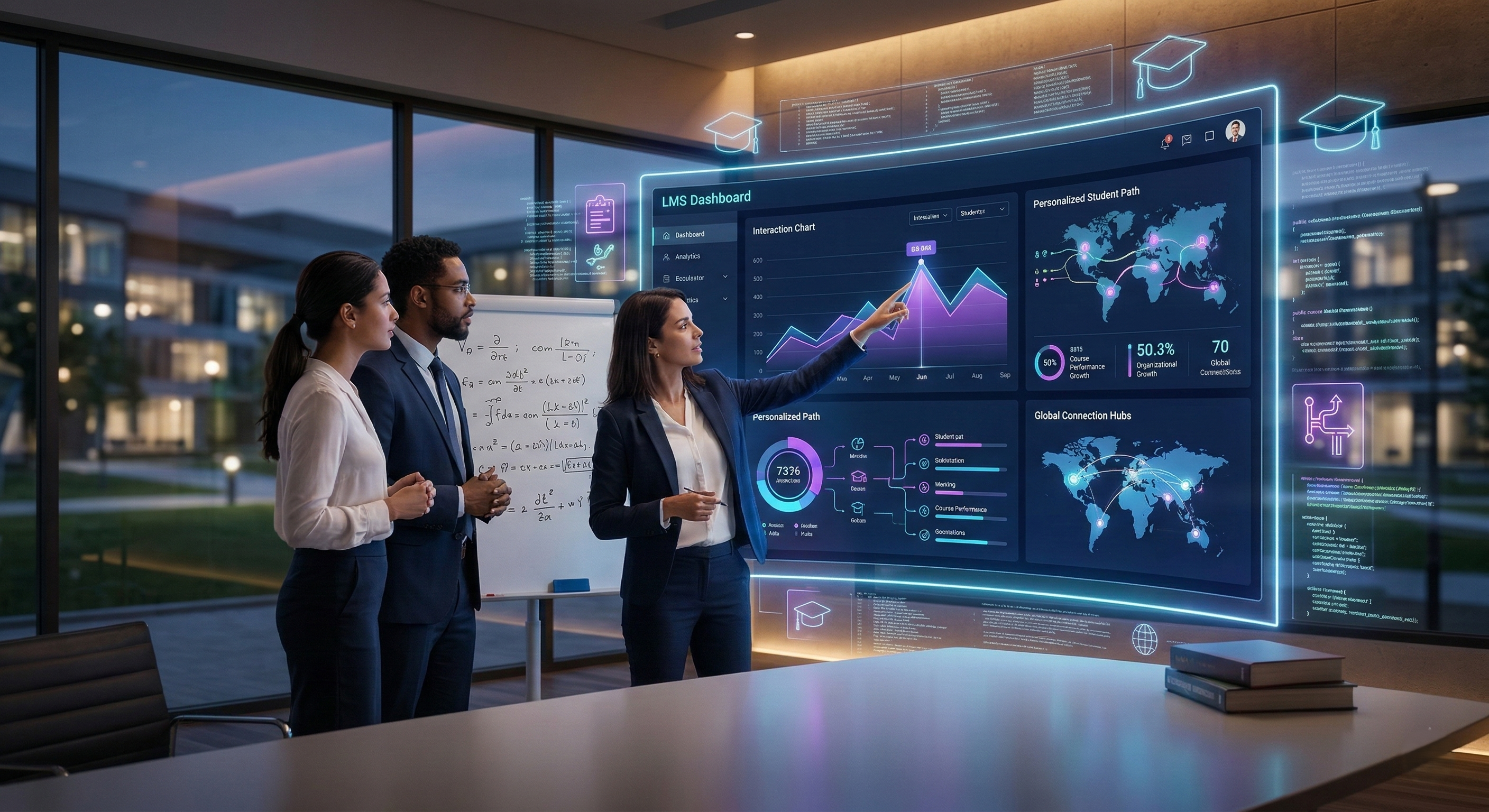 Three professionals in a modern office at night are standing before a large, glowing holographic "LMS Dashboard." One woman is actively pointing at a fluctuating line graph on the dynamic data visualization screen. Other areas show maps, statistics, personalized paths, and educational icons.