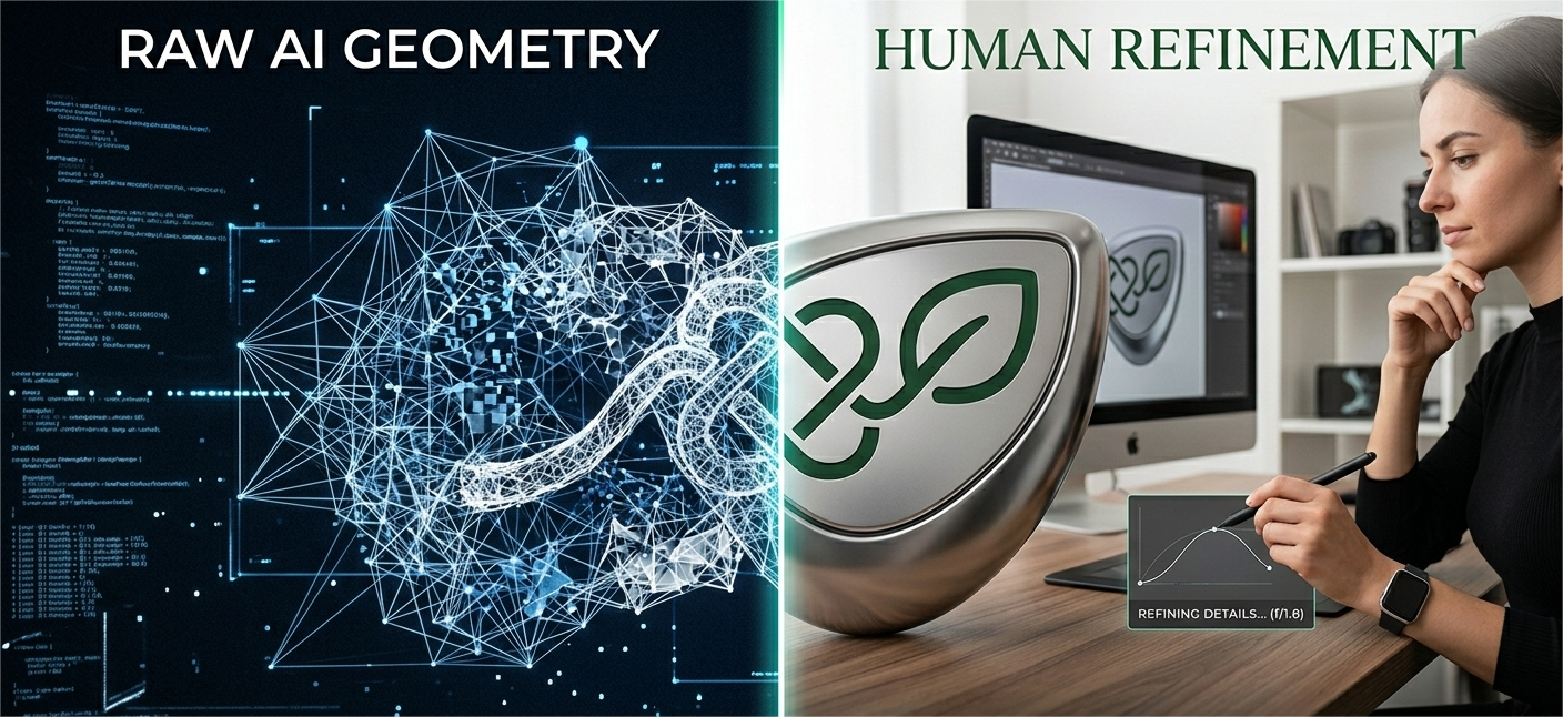 A horizontal split-screen image. The left side, labeled "RAW AI GEOMETRY," features a complex, glowing cyan wireframe of a logo against a dark background filled with lines of computer code. The right side, labeled "HUMAN REFINEMENT," shows a professional female designer in a bright studio using a digital stylus and tablet. She is refining a 3D, metallic version of the same leaf-knot logo seen on her computer monitor. A small interface on her desk reads "REFINING DETAILS