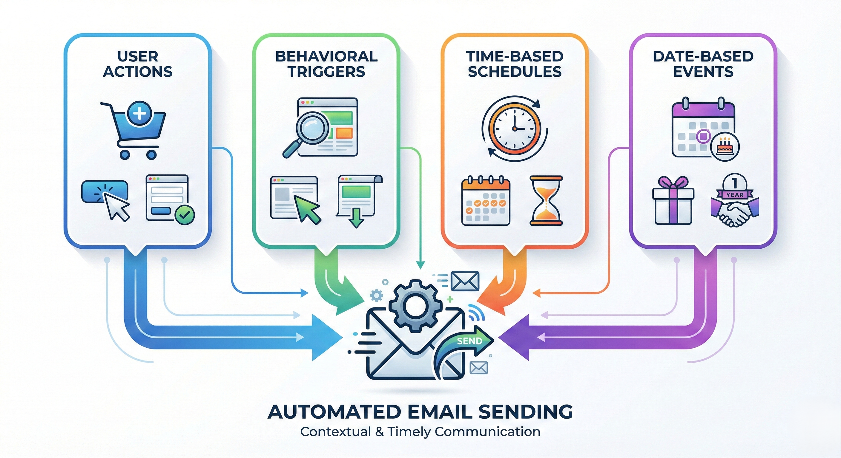 An infographic titled "AUTOMATED EMAIL SENDING: Contextual & Timely Communication" illustrates four distinct categories of triggers leading to an automated email process. The first pillar, "USER ACTIONS" (blue), shows icons of a shopping cart, a mouse click, and a form submission. The second, "BEHAVIORAL TRIGGERS" (green), shows icons of webpage browsing with a magnifying glass, exit intent, and scrolling. The third, "TIME-BASED SCHEDULES" (orange), shows icons of a clock, a calendar, and an hourglass. The fourth, "DATE-BASED EVENTS" (purple), shows icons of a birthday calendar, a gift, and a one-year anniversary handshake. Arrows from all four pillars converge on a central icon of an envelope with a gear and a "SEND" arrow, representing the automated email sending process.