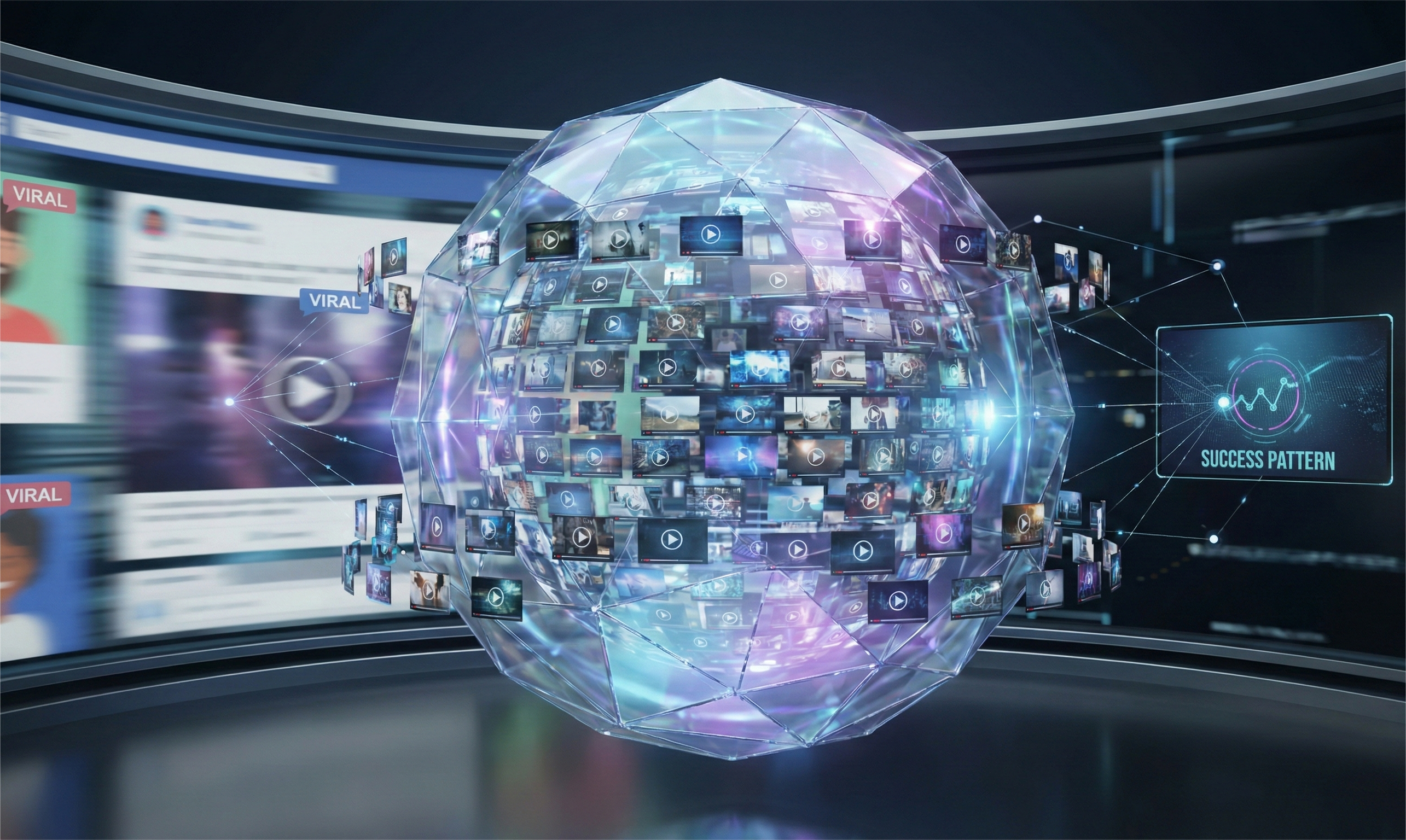 A futuristic 3D render of an AI agent represented as a large, glowing crystalline sphere populated with thousands of video thumbnails. Data streams connect the sphere to a holographic display highlighting a "SUCCESS PATTERN" graph. In the blurred background, fast-moving social media feeds with "VIRAL" indicators are visible in a high-tech environment.
