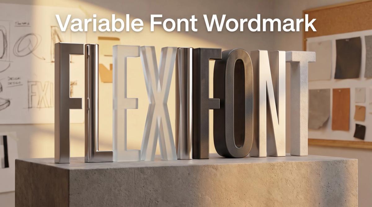 Variable font wordmark showing different weight and width settings of a brand name