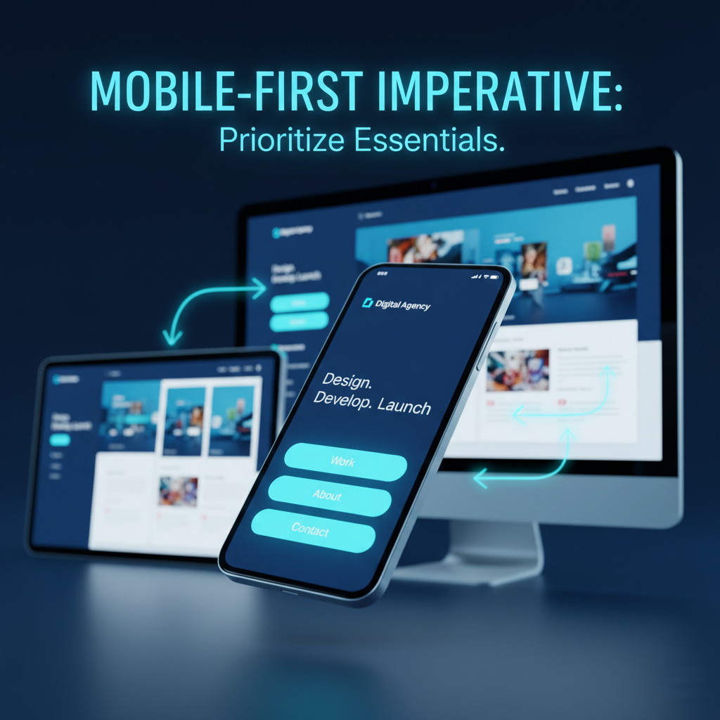 A mobile phone, tablet, and desktop computer display a responsive website, with the mobile device as the central focus, illustrating the flow of a mobile-first design approach.