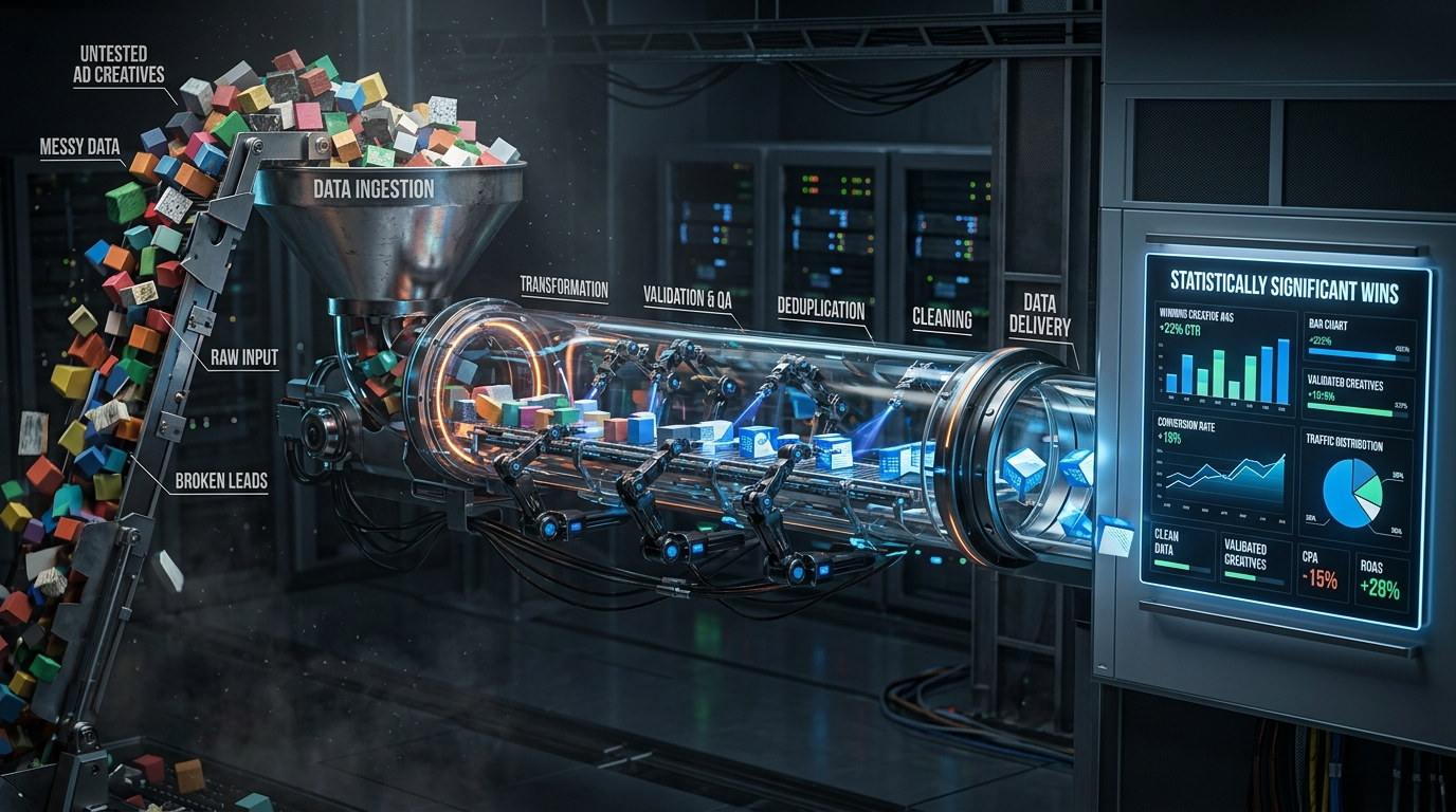 3D data pipeline filtering raw ad creatives into structured analytics