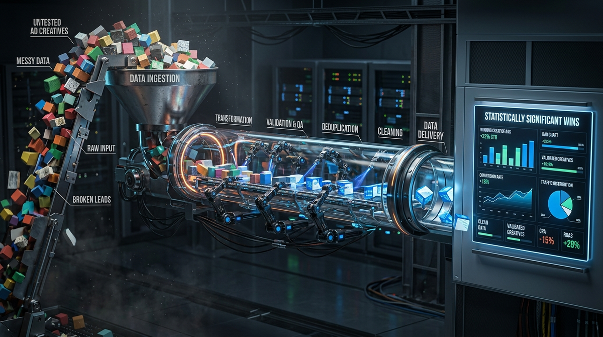 3D data pipeline filtering raw ad creatives into structured analytics