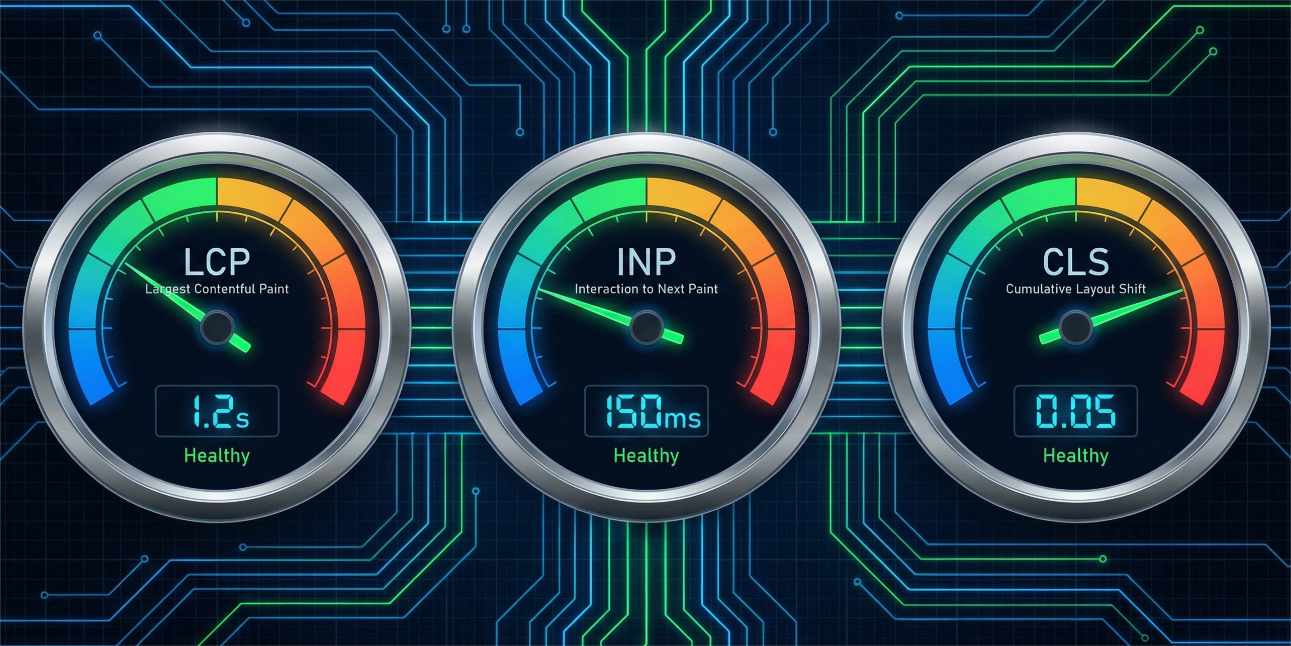 Three digital speedometer-style gauges against a dark background with glowing blue and green circuit board lines. The left gauge, labeled "LCP Largest Contentful Paint," shows a needle in the green zone with a value of "1.2s" and the status "Healthy." The middle gauge, labeled "INP Interaction to Next Paint," shows a needle in the green zone with a value of "150ms" and the status "Healthy." The right gauge, labeled "CLS Cumulative Layout Shift," shows a needle in the green zone with a value of "0.05" and the status "Healthy."