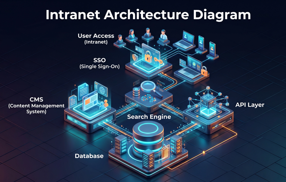 Architecture diagram of an intranet with SSO, CMS, search, API layer and database