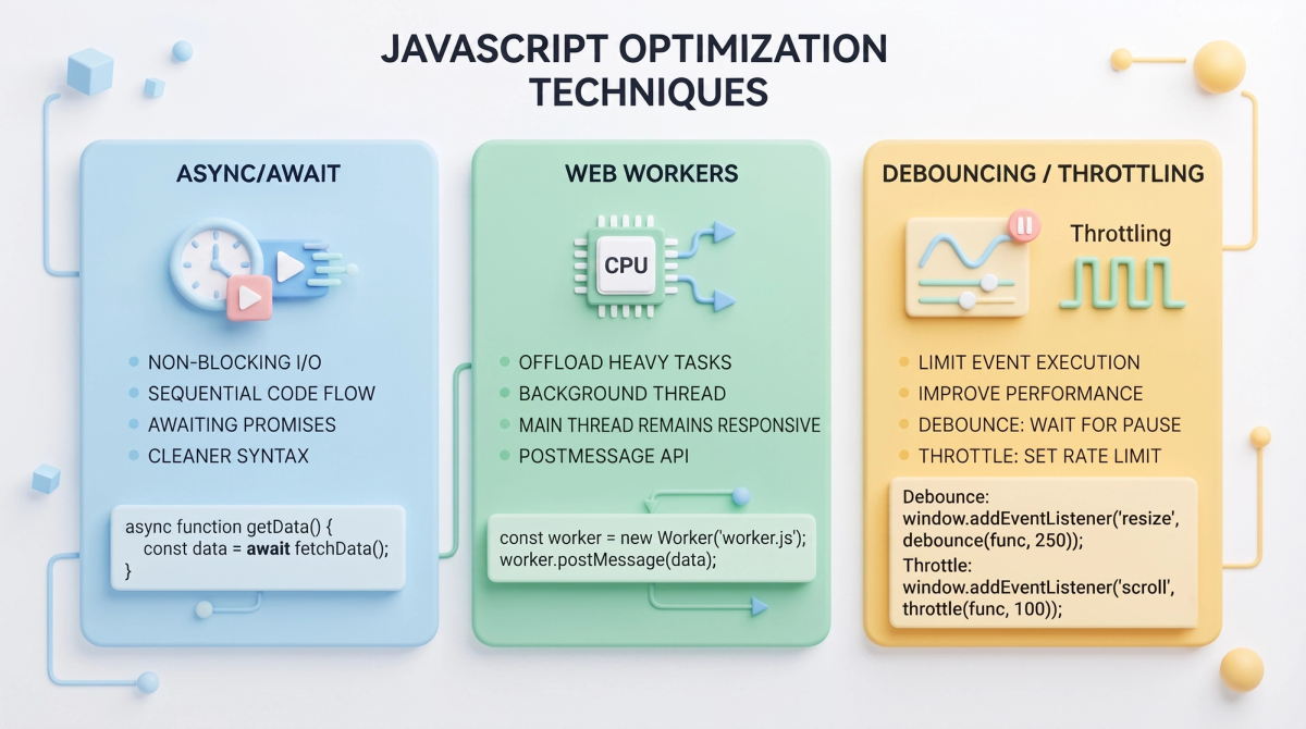 Code comparison showing JavaScript optimization: async/await patterns, Web Workers for background processing, debouncing and throttling methods