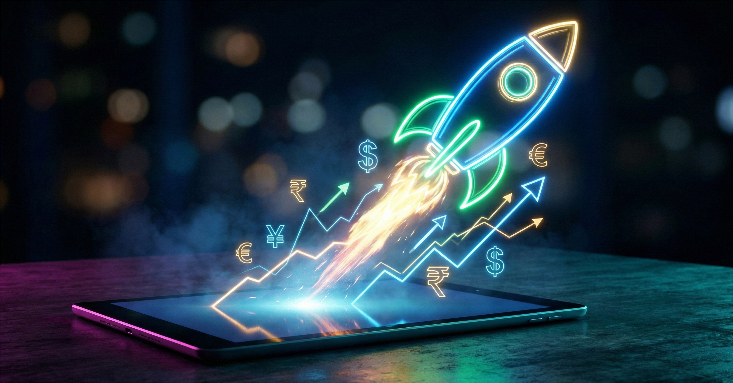 A futuristic 3D illustration showing a glowing neon rocket launching vertically from a tablet screen resting on a dark surface. The rocket's fiery exhaust trail transforms into upward-trending arrow graphs and various floating currency symbols, including the US Dollar ($), Euro (€), Japanese Yen (¥), and Indian Rupee (₹), against a blurred night city background. This symbolizes rapid digital financial growth and global market success.