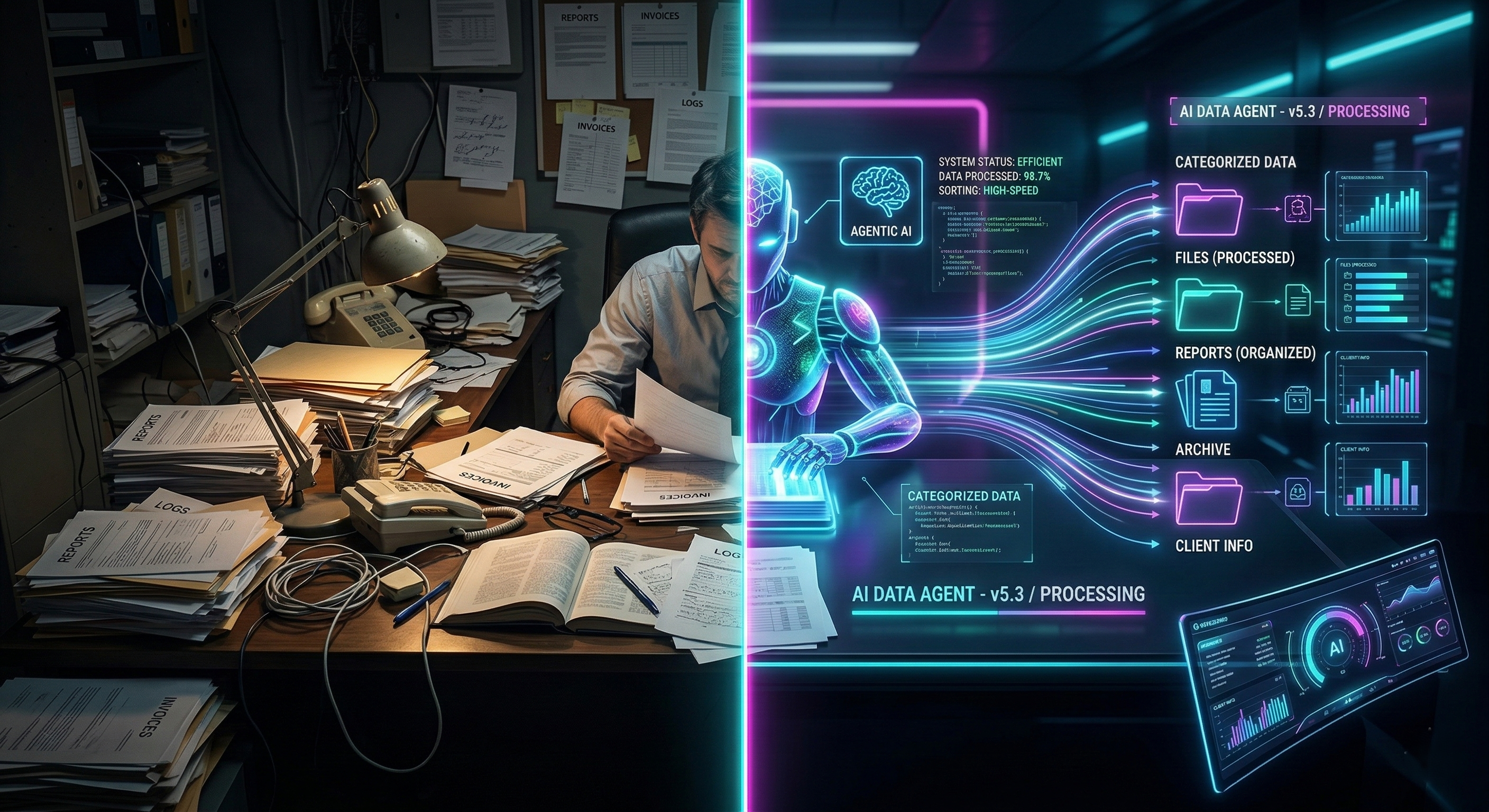 A high-contrast split-screen image. On the left, a dimly lit, cluttered office desk overflowing with messy stacks of paper, files, and an old rotary phone, representing manual labor. On the right, a vibrant, neon-lit digital interface in a cyberpunk-corporate style, featuring a glowing robotic AI "Agent" autonomously sorting data into organized categories with glowing motion lines and high-speed processing charts.