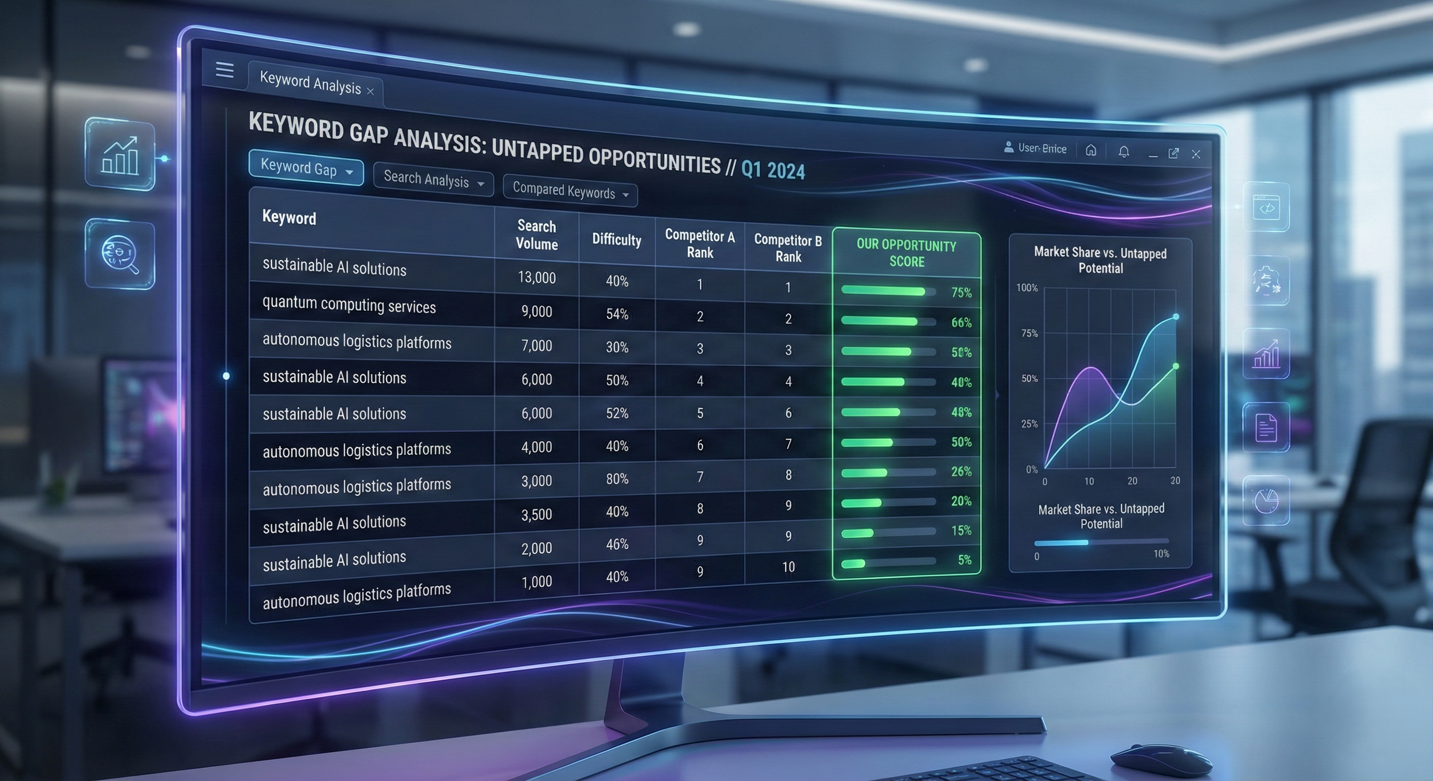 A screenshot of a futuristic keyword gap analysis tool displayed on a glowing, curved monitor. The interface, titled "KEYWORD GAP ANALYSIS: UNTAPPED OPPORTUNITIES // Q1 2024," shows a table with columns for "Keyword," "Search Volume," "Difficulty," "Competitor A Rank," "Competitor B Rank," and a highlighted "OUR OPPORTUNITY SCORE" with progress bars. Keywords like "sustainable AI solutions" and "quantum computing services" are listed. A graph on the right visualizes "Market Share vs. Untapped Potential."