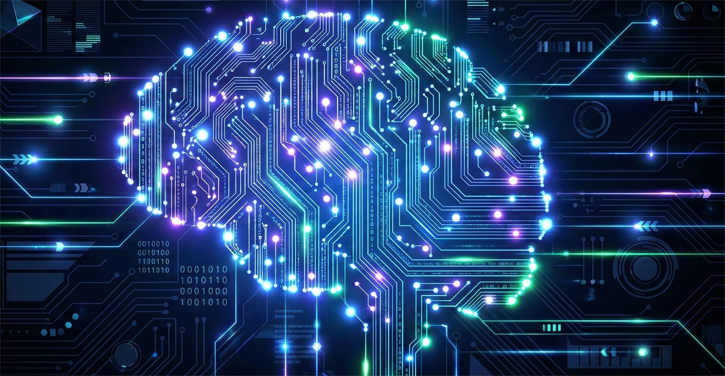 A futuristic digital illustration showing a stylized human brain silhouette constructed from glowing blue, purple, and green circuit board traces and illuminated data points. It is set against a dark, complex background of a motherboard with binary code (0s and 1s), data streams, and various futuristic interface elements. The overall theme suggests artificial intelligence, neural networks, and advanced technology.