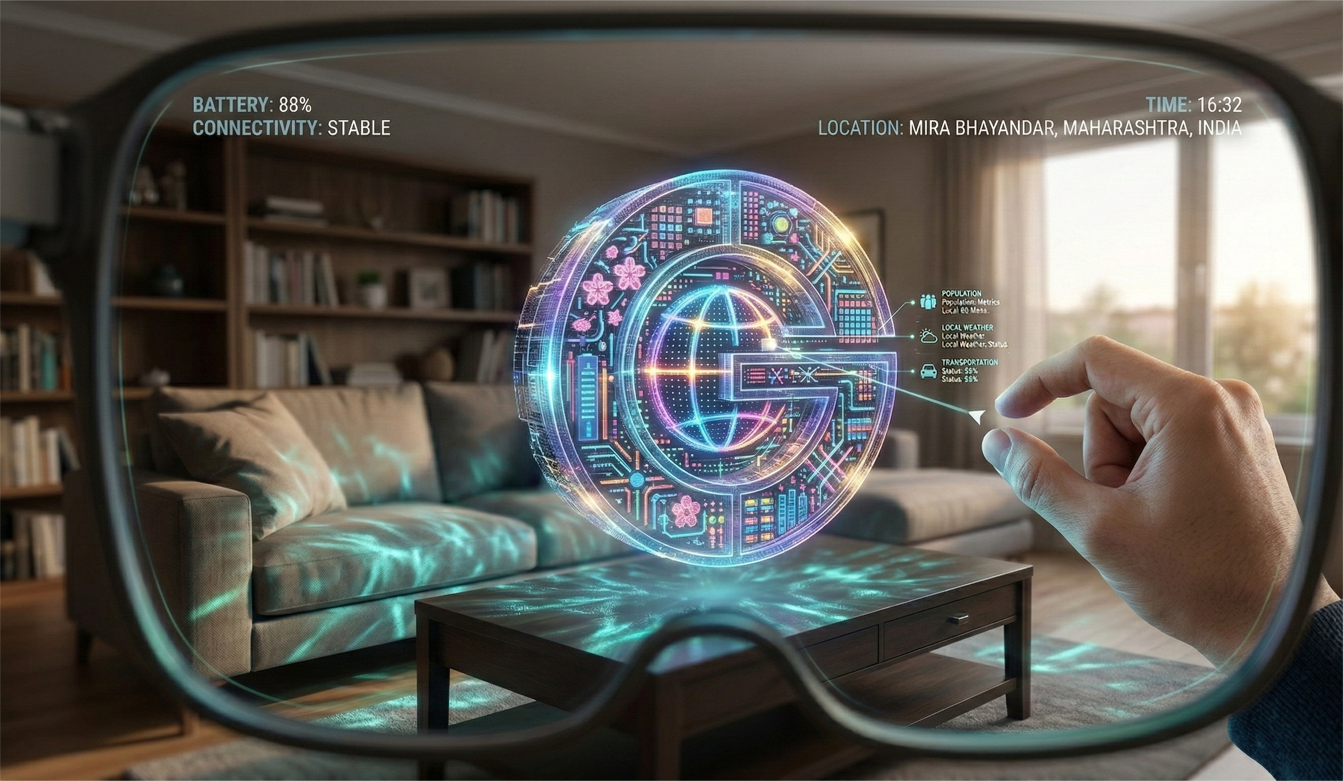 A first-person perspective viewed through the lenses of augmented reality glasses. Centered in the frame, a 3D holographic "G" logo floats above a wooden coffee table in a modern, sunlit living room. The logo is intricately detailed with glowing neon pink and blue circuit patterns and small cherry blossom icons. A human hand is visible on the right, performing a pinch gesture to interact with the hologram. The AR interface displays technical data on the glass, including battery life, stable connectivity, the time (16:32), and the current location: Mira Bhayandar, Maharashtra, India.