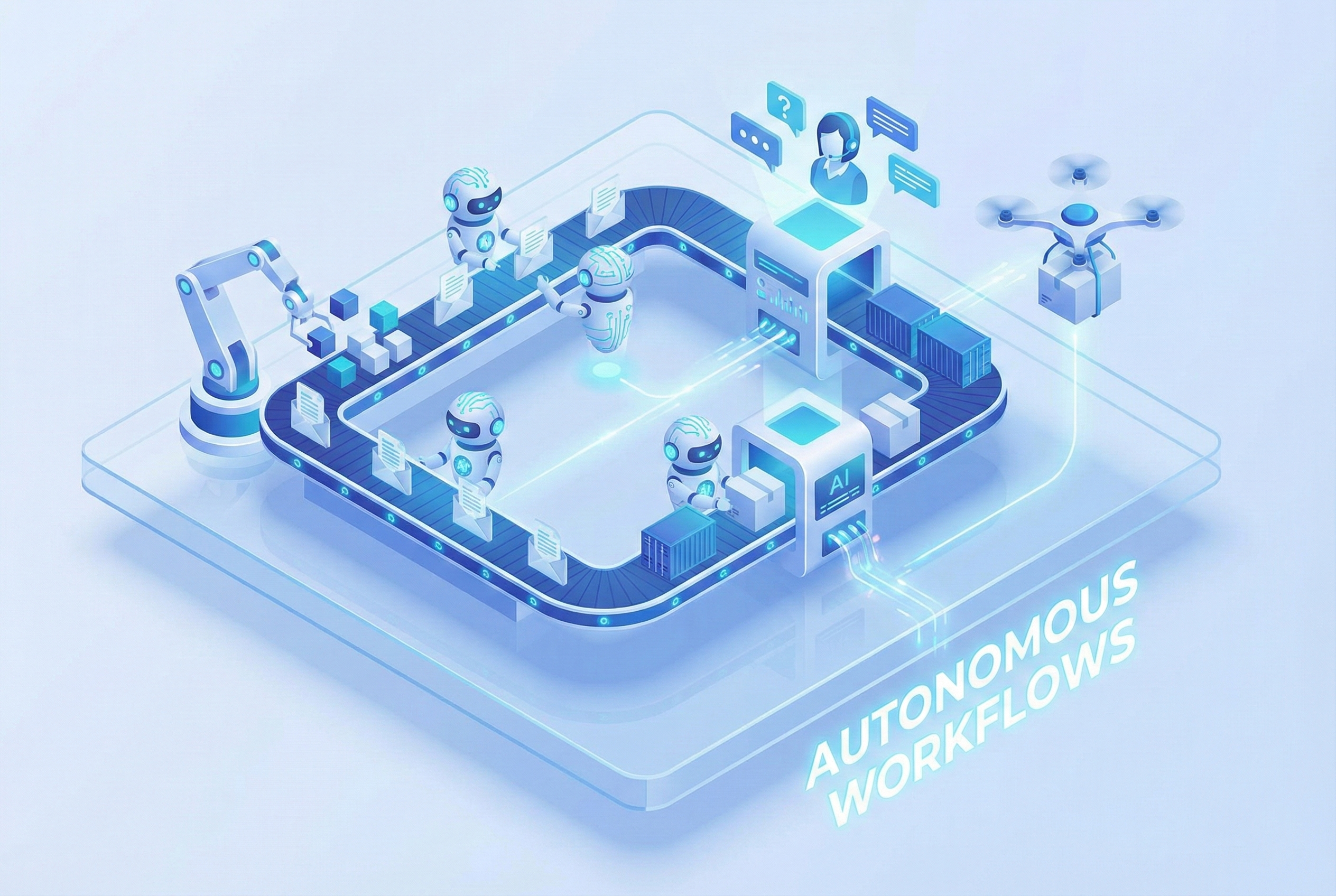 A 3D isometric illustration of a digital assembly line where small AI robots manage data, customer queries, and logistics under the header "Autonomous Workflows."