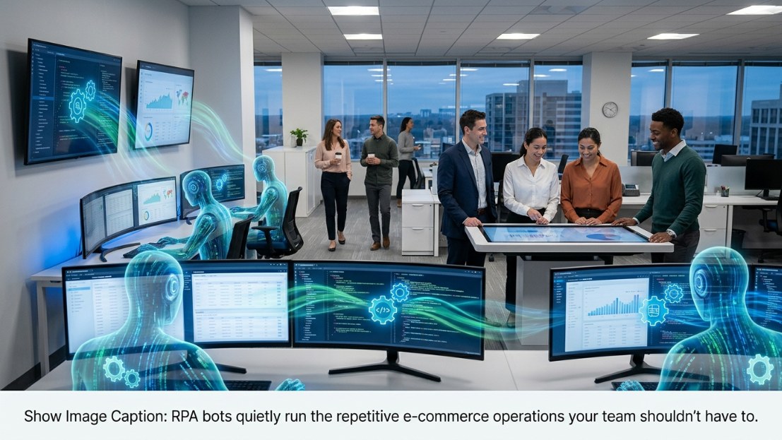A modern office illustration showing human professionals collaborating while translucent digital RPA bots handle backend desktop data processes.