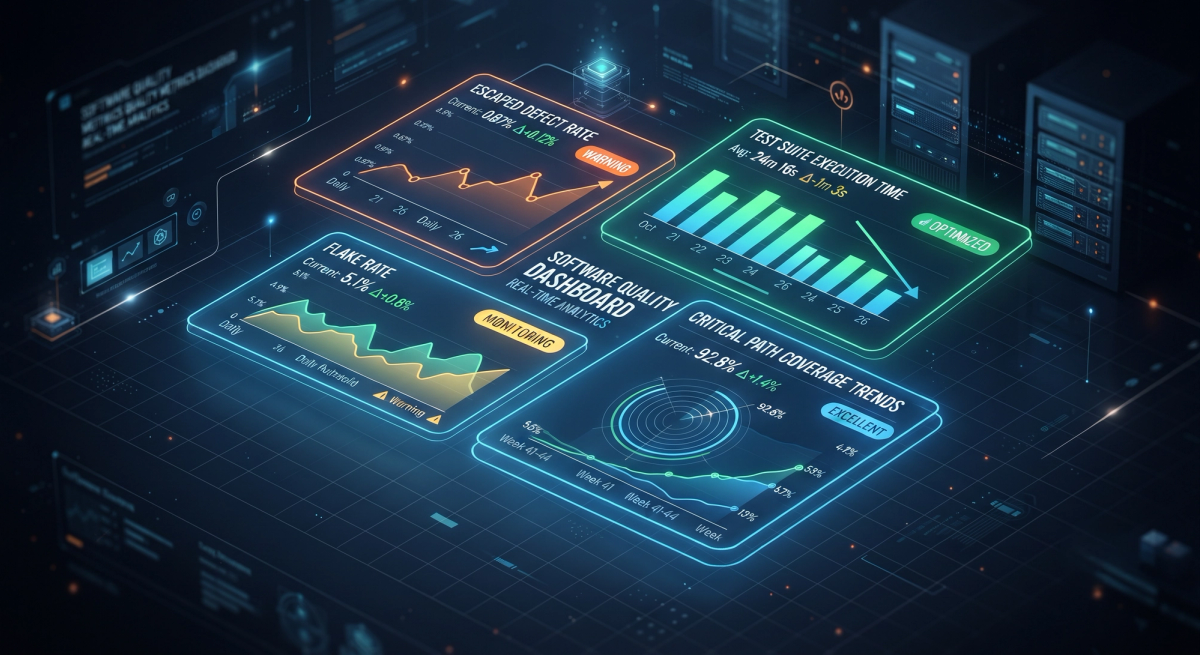 Software quality metrics dashboard displaying escaped defect rate, test suite execution time, flake rate, and critical path coverage trends