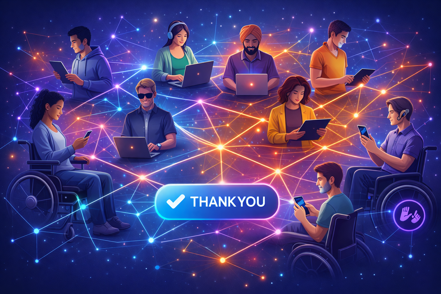 Digital illustration of diverse people, including individuals using wheelchairs and assistive technology, working on laptops, tablets, and smartphones. They are connected by glowing blue, purple, and orange network lines in a dark background, symbolizing digital unity, accessibility, and inclusive online experiences.