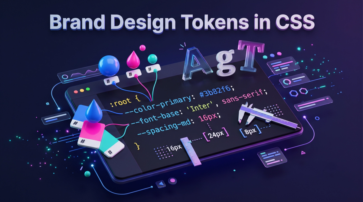 Code editor showing CSS design tokens for brand colors, fonts and spacing