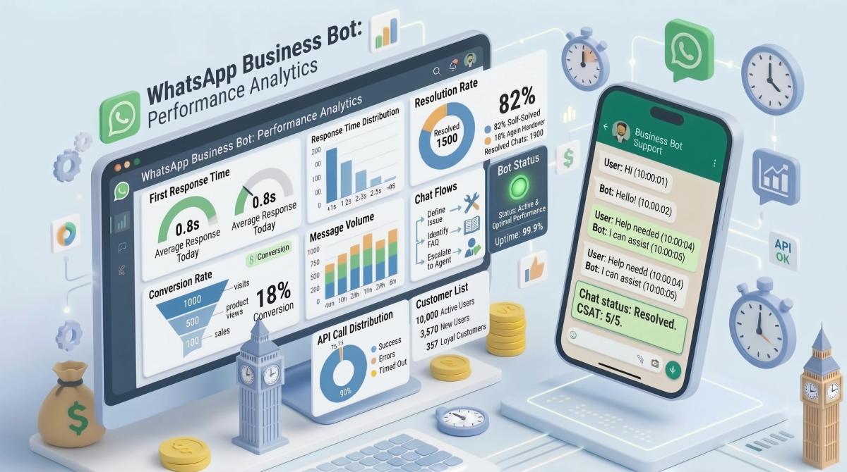 Analytics dashboard displaying WhatsApp bot response rates and customer metrics