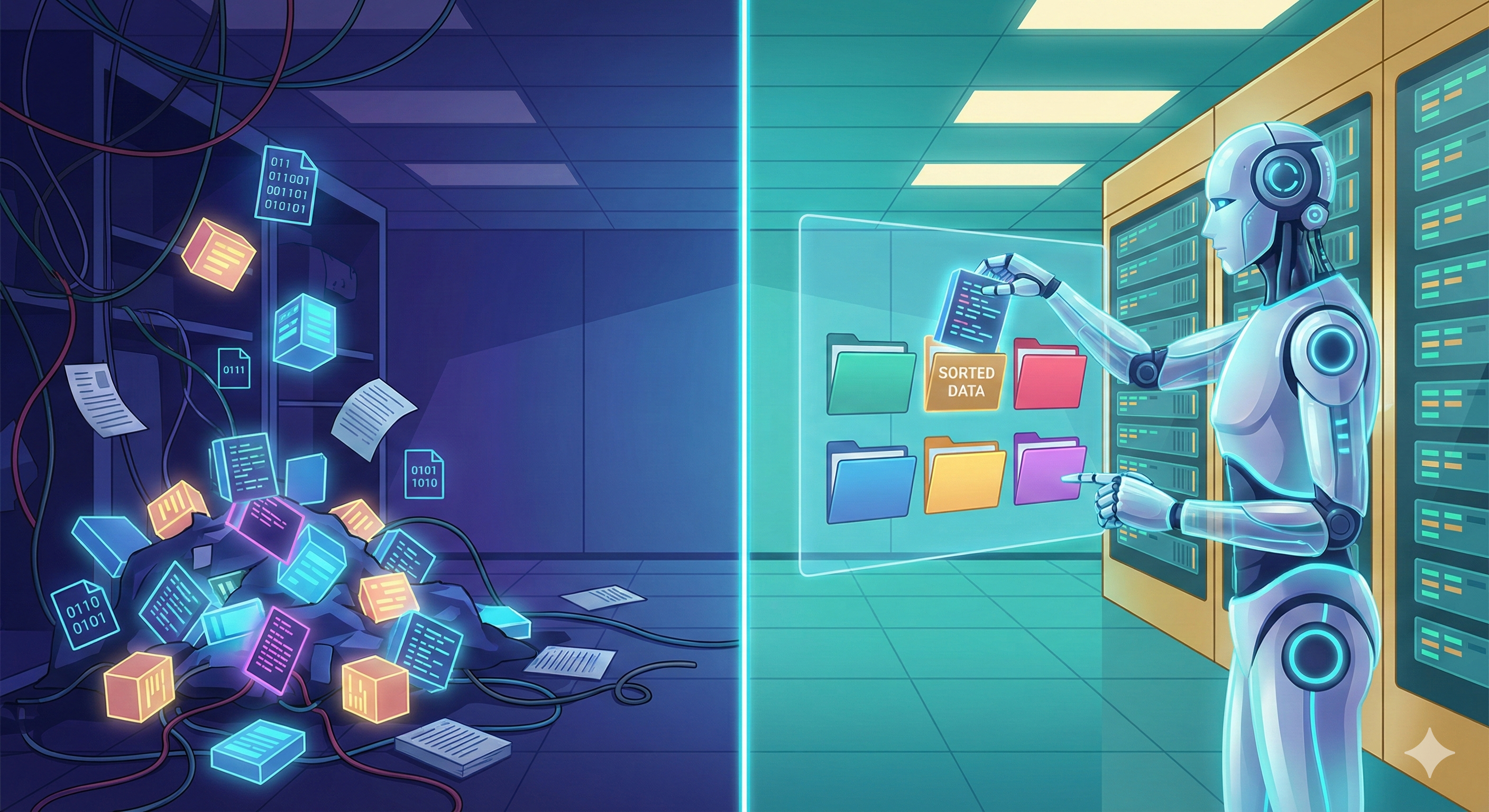 A split-screen digital illustration showing the contrast of data management. On the left, a dark room filled with a chaotic pile of glowing data cubes, tangled wires, and scattered papers. On the right, a sleek white humanoid robot in a bright, modern server room neatly organizing digital files into glowing holographic folders.