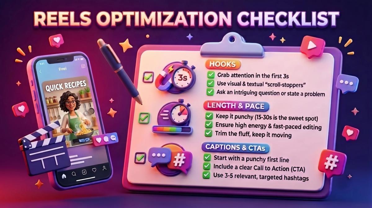 Checklist infographic for optimizing Instagram Reels hooks, length and captions