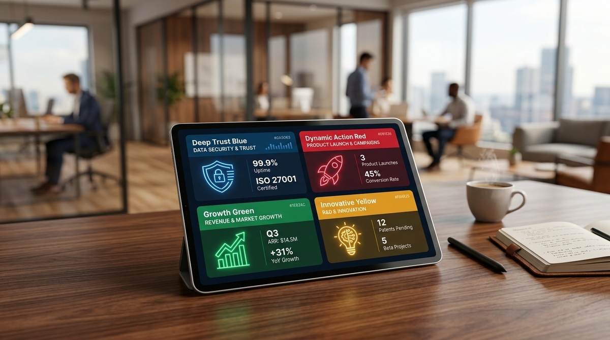 B2B color palette infographic with business icons on a tablet.