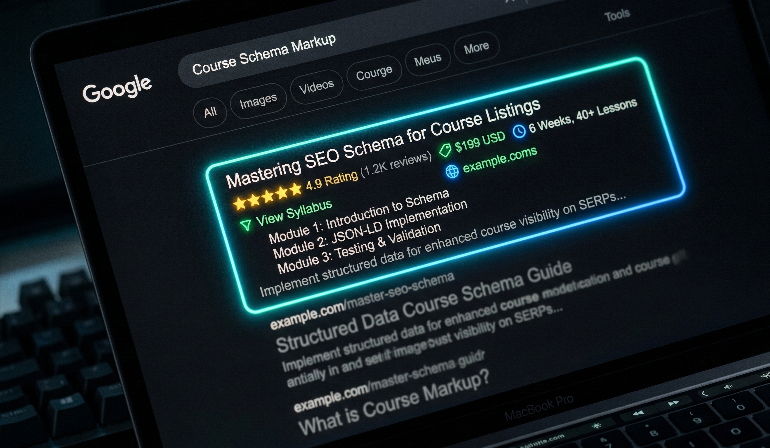 A close-up photograph of a MacBook Pro screen in dark mode, showing a Google search for "Course Schema Markup." The top search result, titled "Mastering SEO Schema for Course Listings," is prominently highlighted with a neon blue-green outline and displays rich schema markup elements: a yellow 4.9-star rating from 1.2K reviews, a green price tag of "$199 USD", and a blue clock icon indicating a "6 Weeks, 40+ Lessons" duration. Below these, an expandable green arrow labeled "Modules" is open, revealing a detailed list of three course modules: Introduction to Schema, JSON-LD Implementation, and Testing & Validation. Other standard, blurred search results appear below. The laptop keyboard is softly blurred in the foreground.